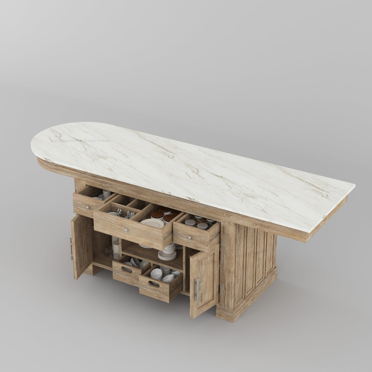 Portland Solid Wood Kitchen Island with Marble Countertop and Optional Stool Set