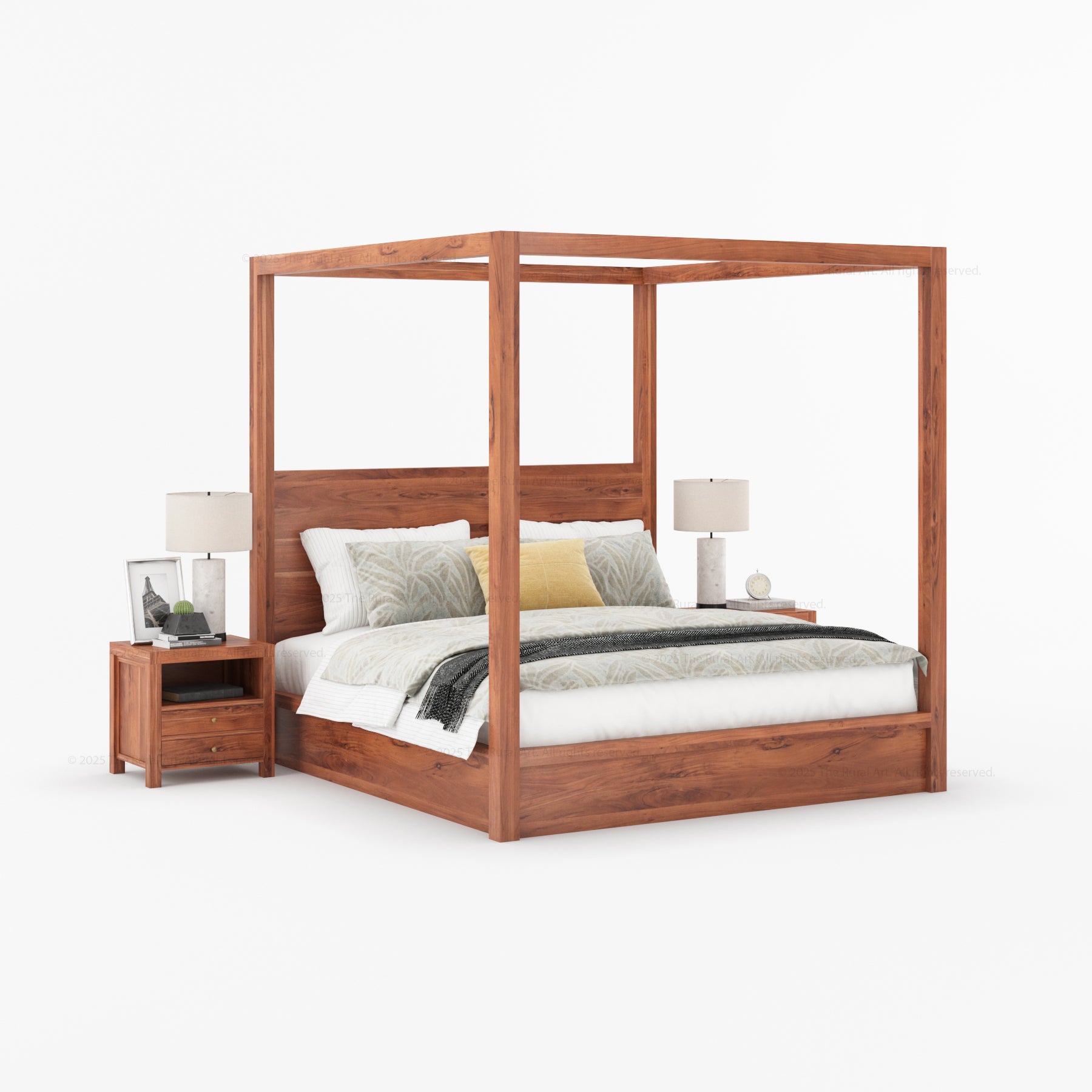 Orlando Solid Wood Canopy Platform Bedroom Set With Dresser, Nightstand, Bedside Bench & Mirror