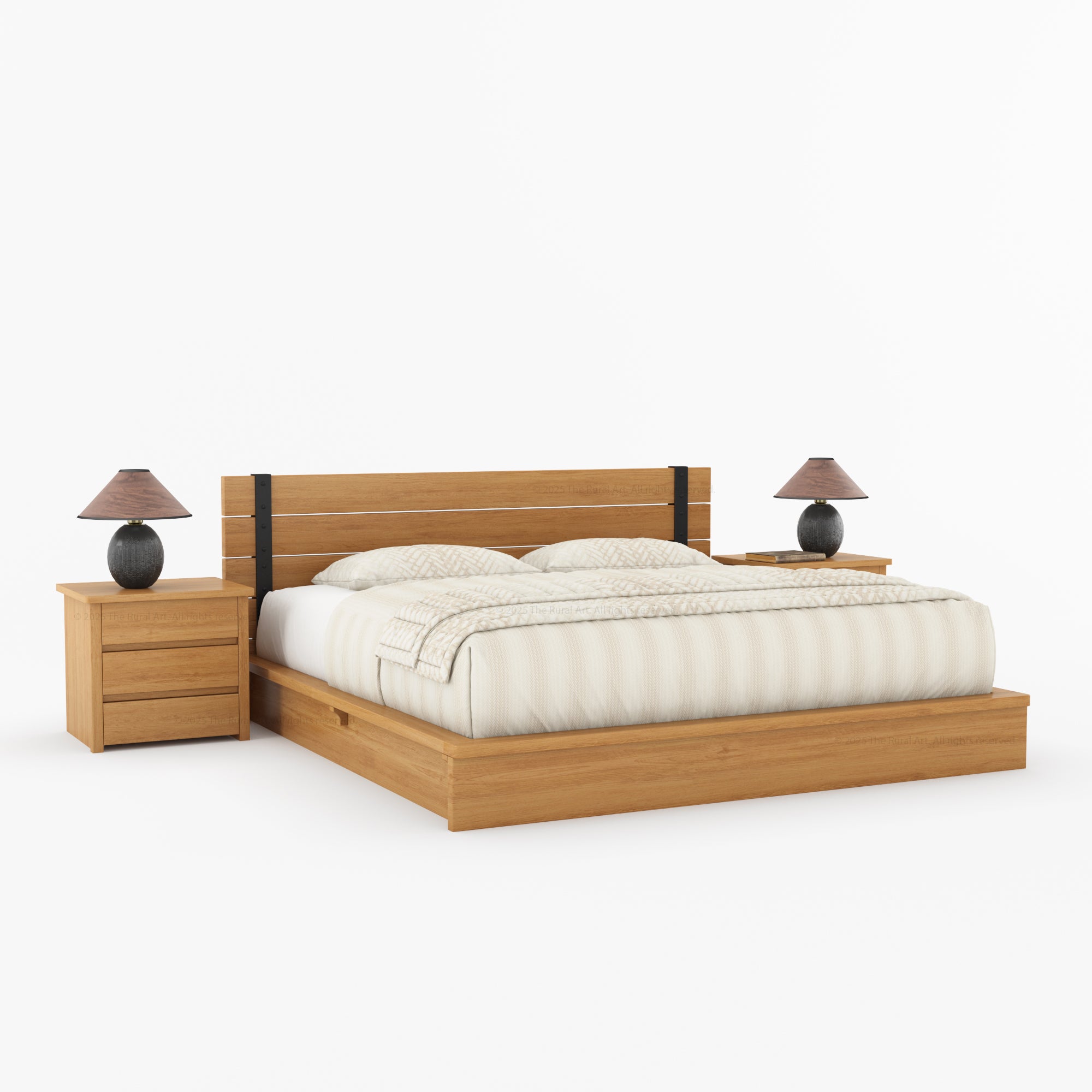 Dallas Solid Wood Platform Bed with Slatted Headboard & Iron Accents