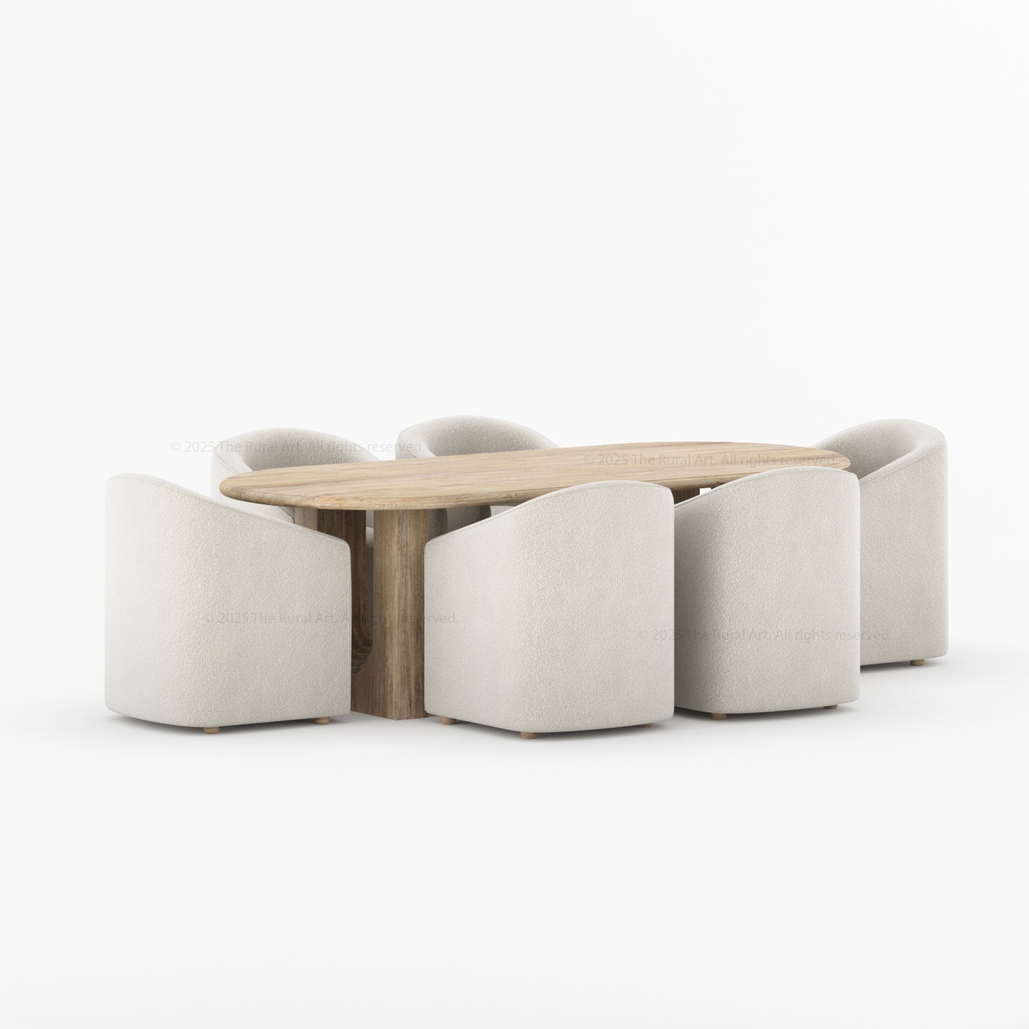 six seater oval dining table with boucle chair