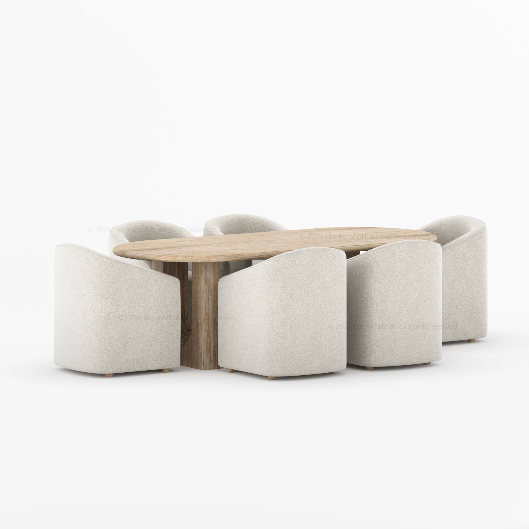 six seater oval dining table with boucle chair