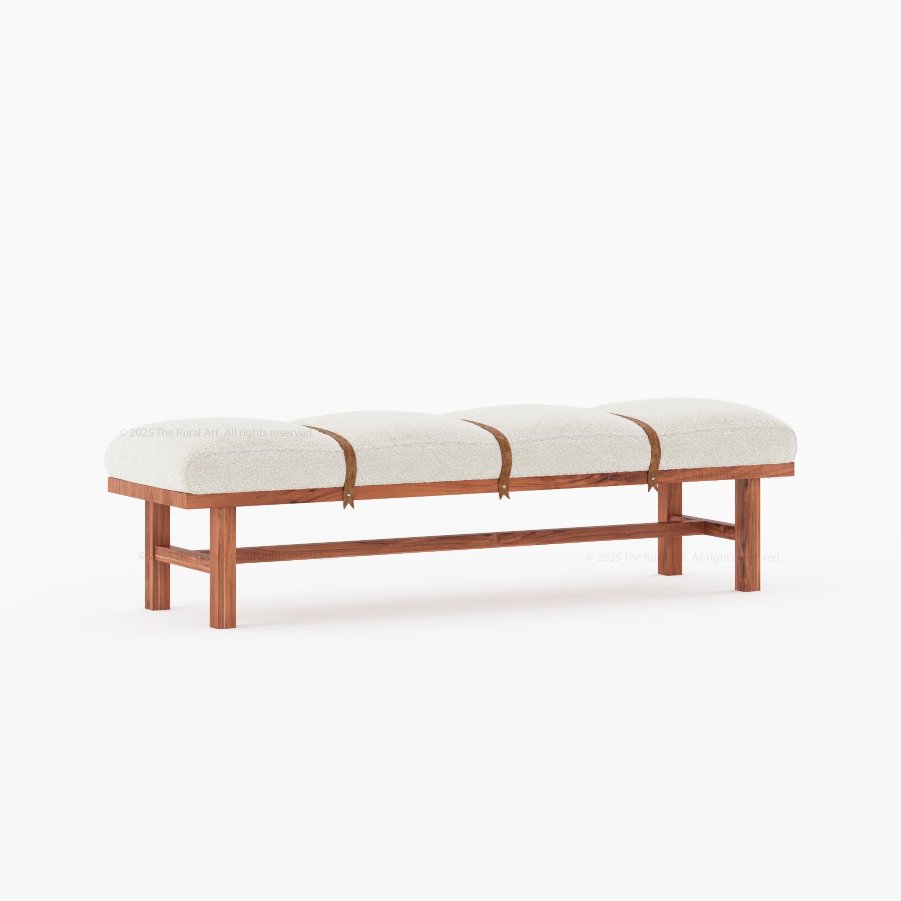 Princeton Solid Wood Bench with Boucle Upholstery & Leather Strap Detailing