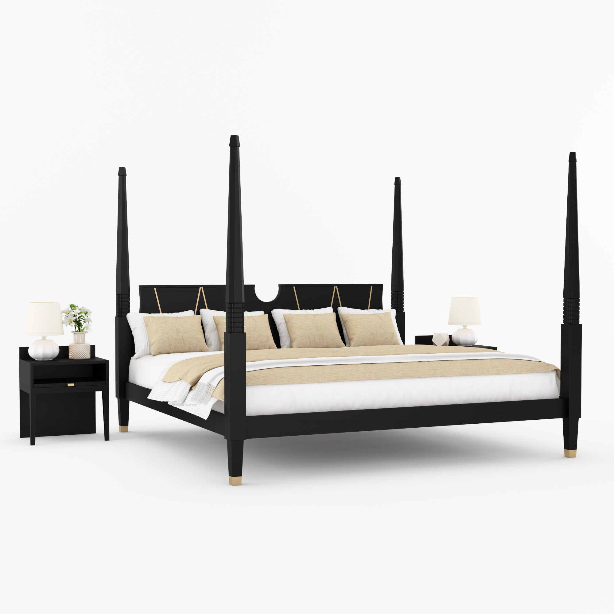 Troy Solid Wood Four Poster Bed with Brass Detailing