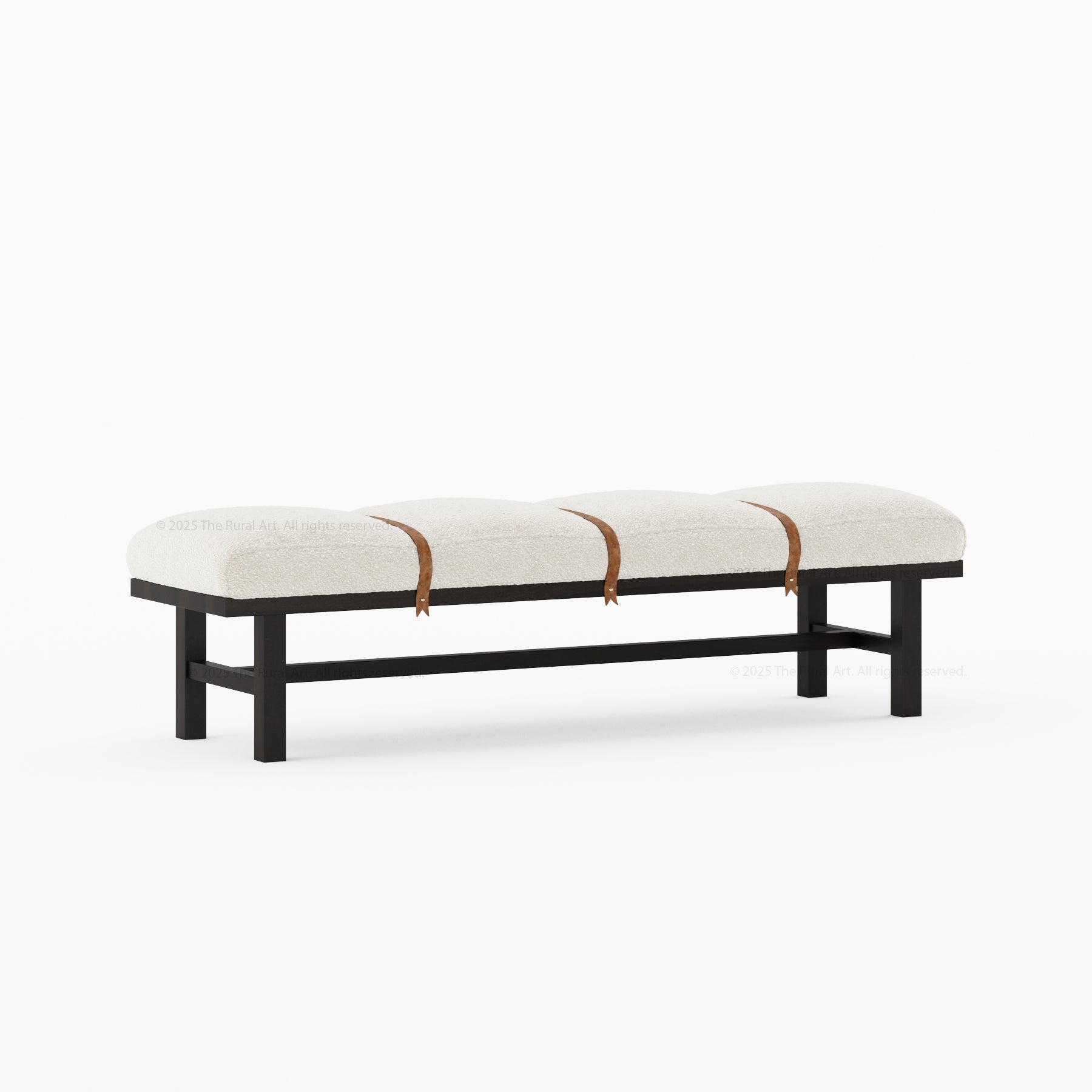 Princeton Solid Wood Bench with Boucle Upholstery & Leather Strap Detailing