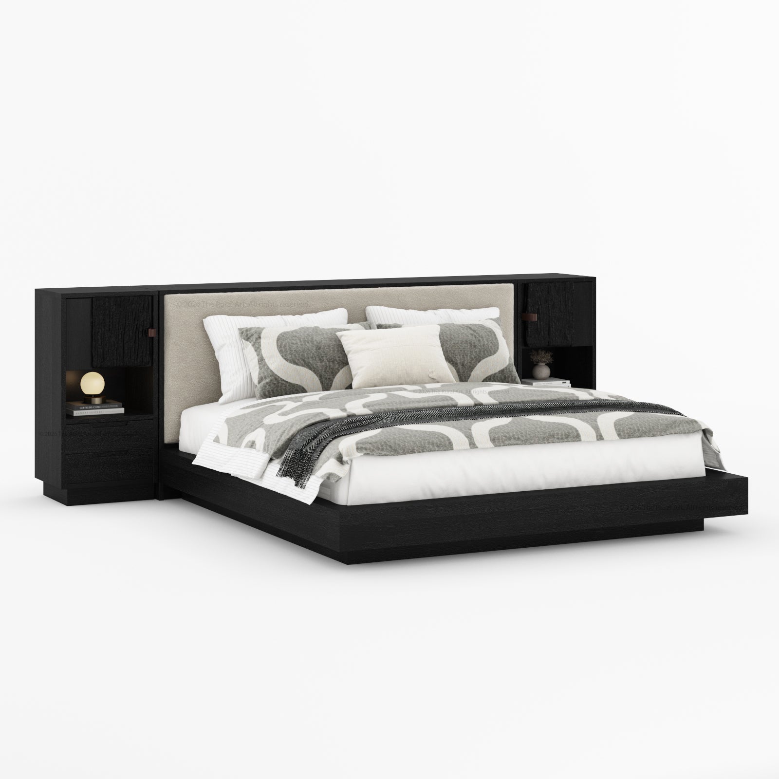 Nome Modern Solid Wood Storage Platform Bed with Upholstered Headboard & Nightstands