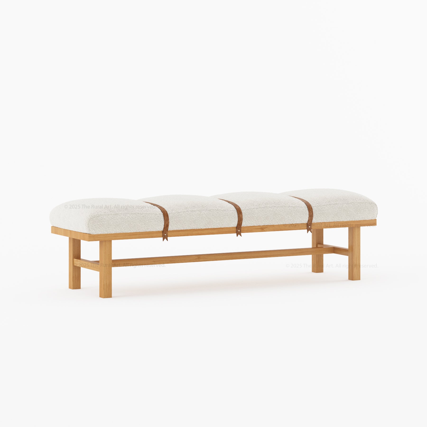 Princeton Solid Wood Bench with Boucle Upholstery & Leather Strap Detailing