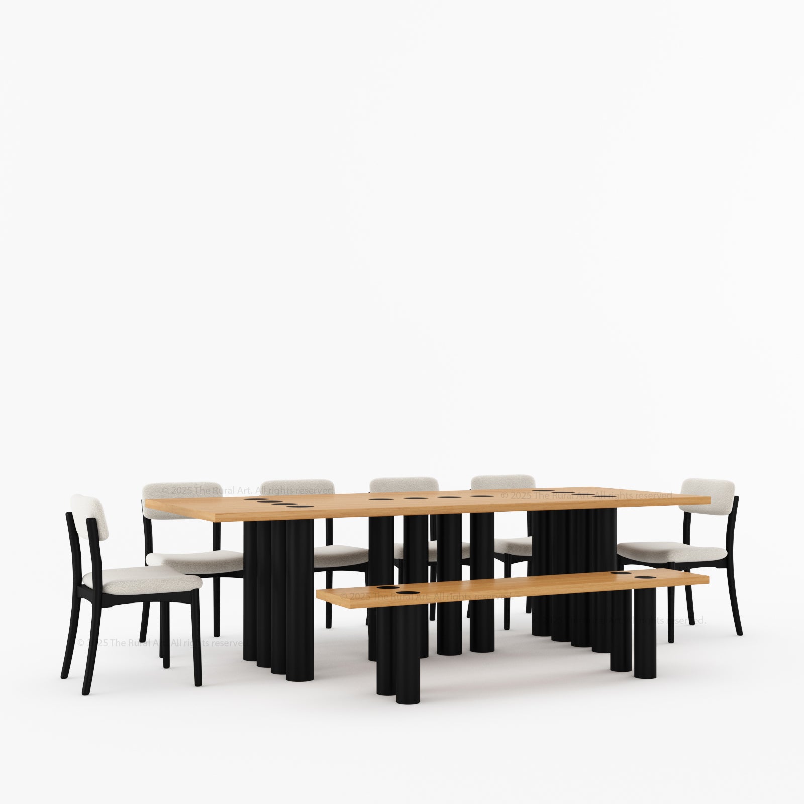 New York Modern Large Dining Table Set Made In Solid Wood Sculptural Round Legs & Inlay Accents
