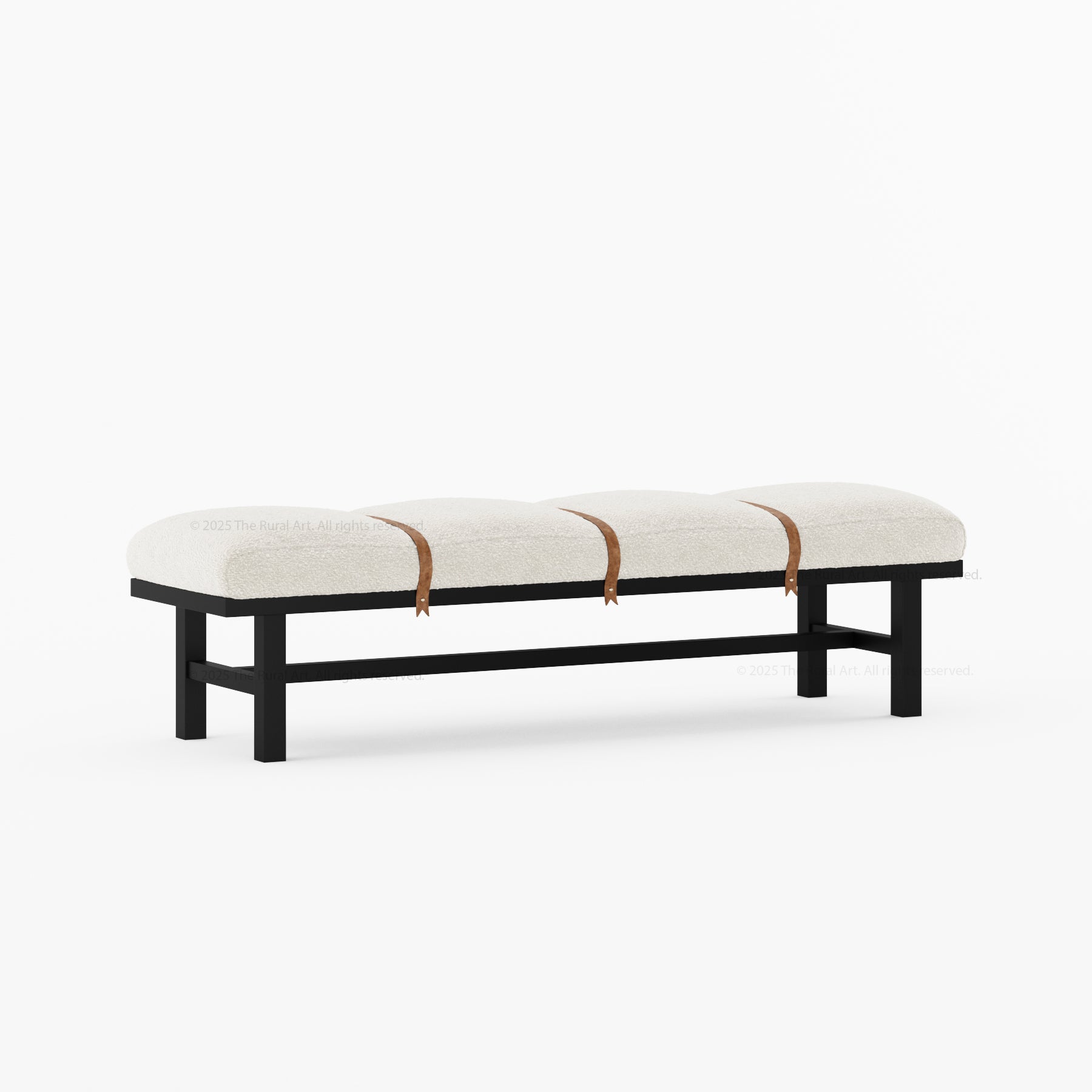 Princeton Solid Wood Bench with Boucle Upholstery & Leather Strap Detailing
