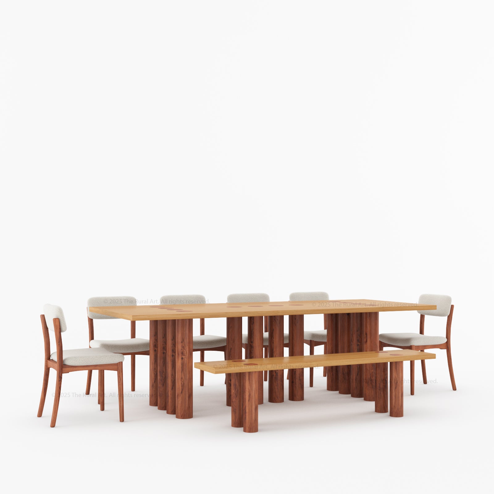 New York Modern Large Dining Table Set Made In Solid Wood Sculptural Round Legs & Inlay Accents