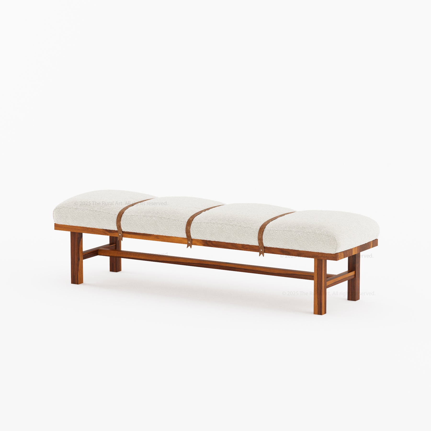 Princeton Solid Wood Bench with Boucle Upholstery & Leather Strap Detailing