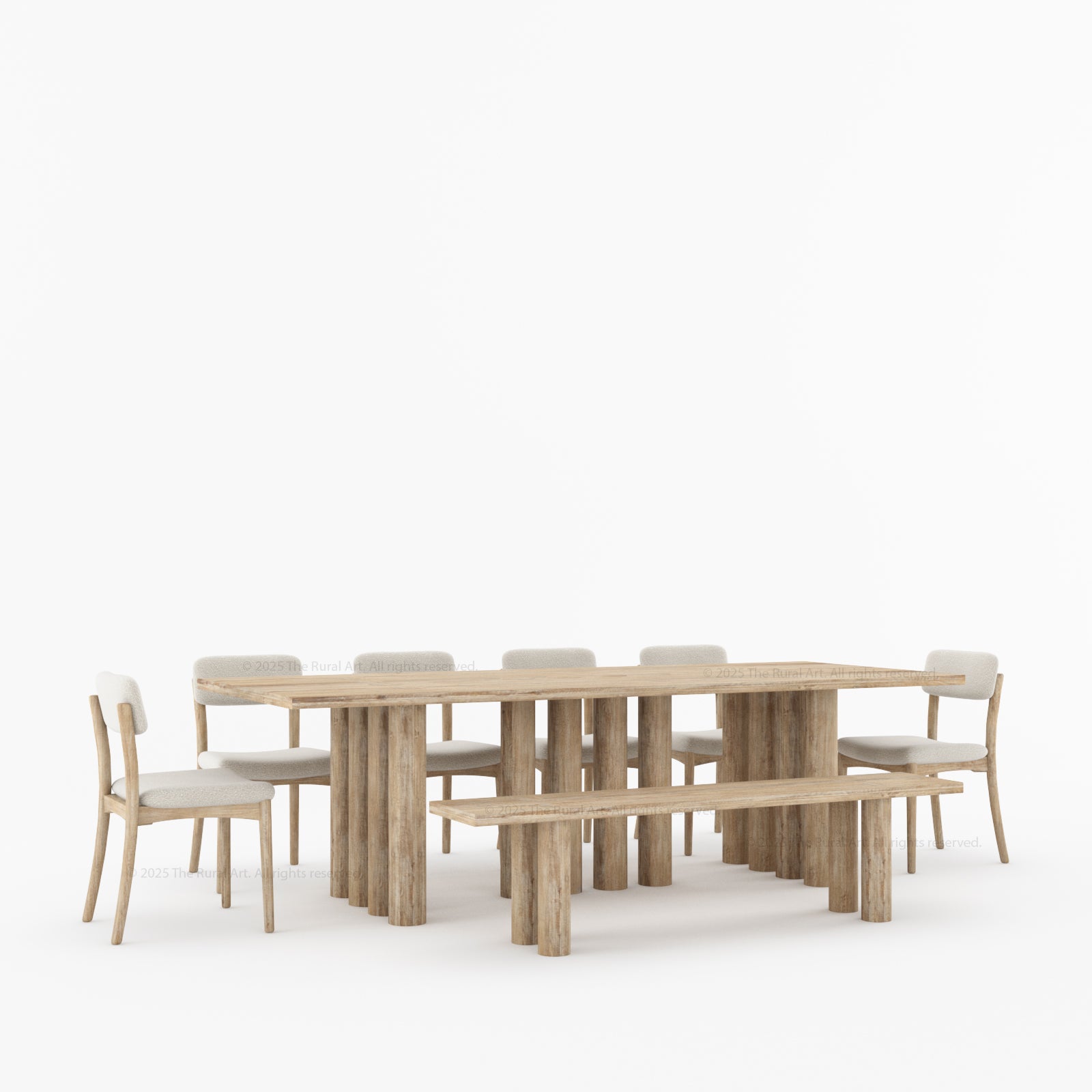 New York Modern Large Dining Table Set Made In Solid Wood Sculptural Round Legs & Inlay Accents