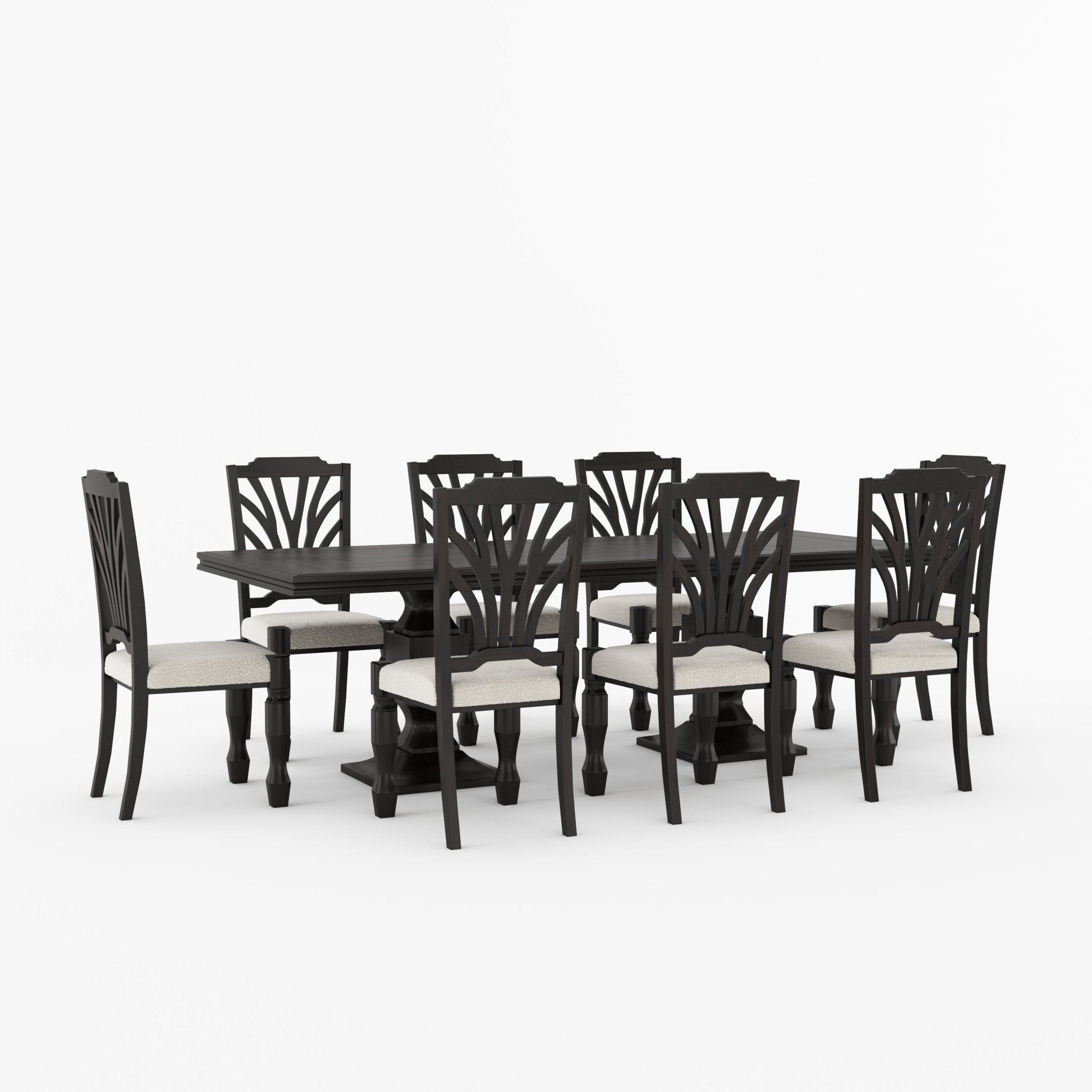 Carlsbad Solid Wood Double Pedestal Dining Table Set with Upholstered Sunburst Chairs