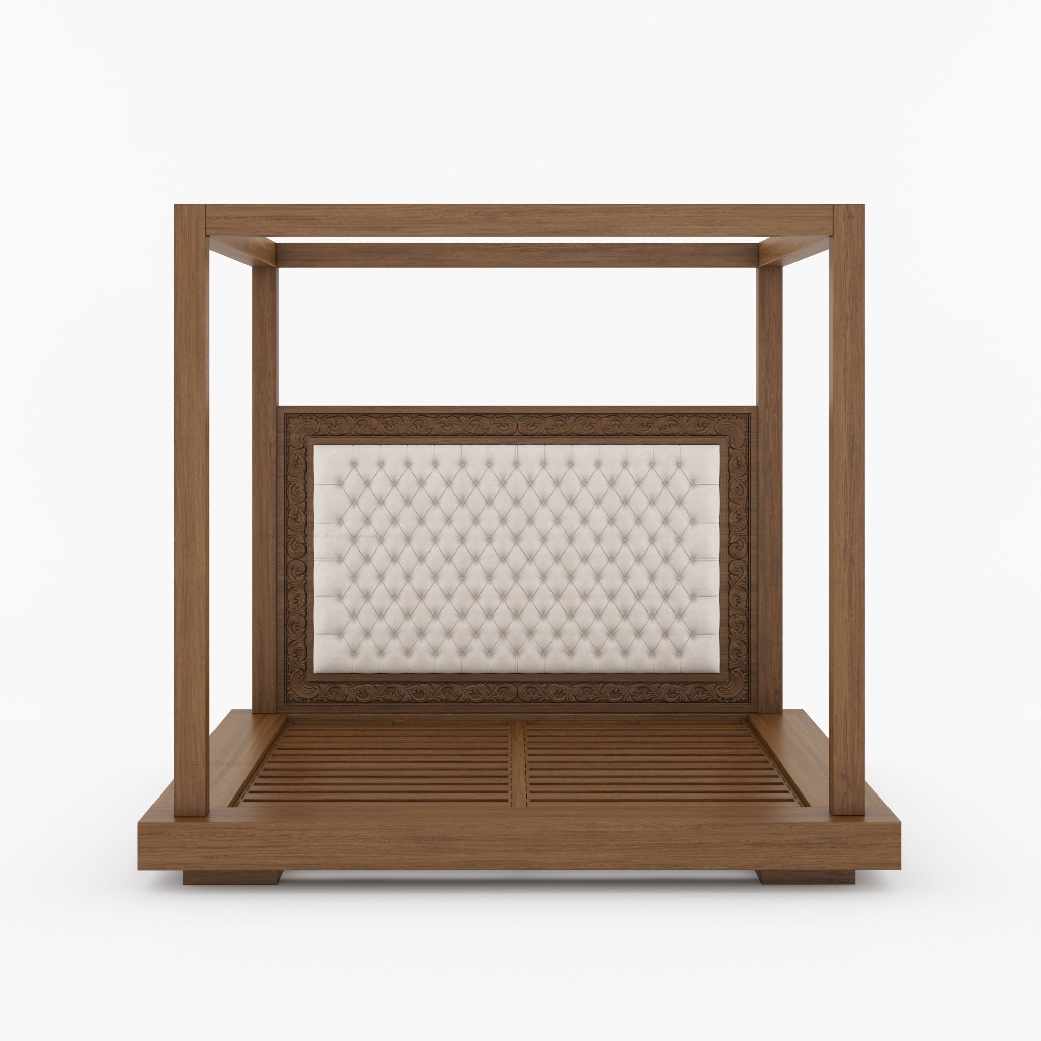 Sheffield Solid Wood Canopy Bed with Upholstered Tufted Headboard & Hand-Carved Frame