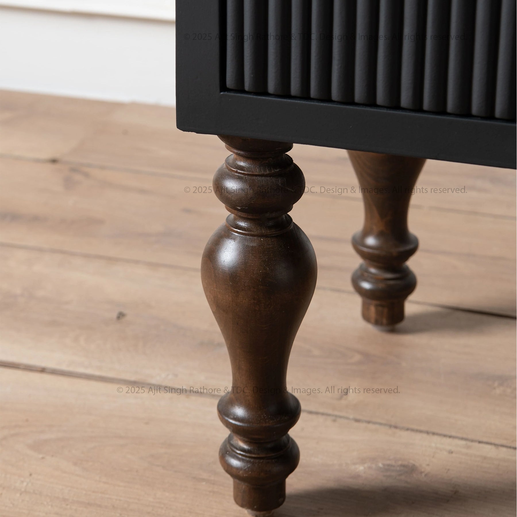New York Black Nightstand With Ribbed Drawer & Turned Wooden Legs