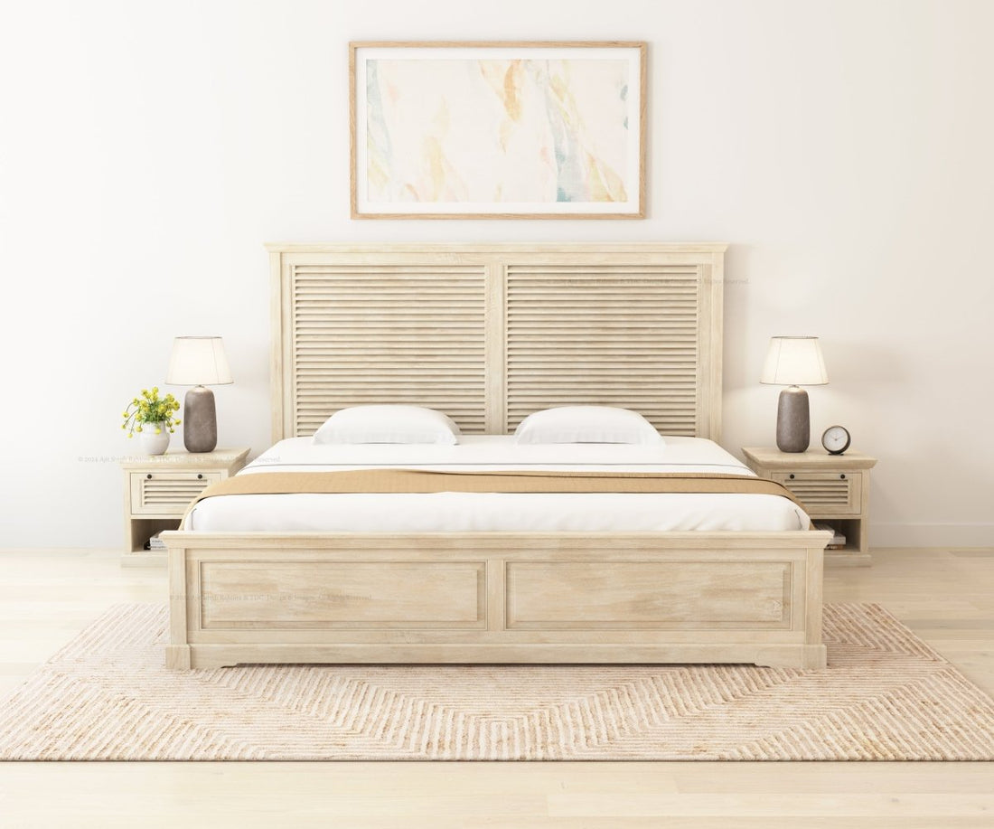 Costa Mesa Solid Wood Platform Bed Louvered Slatted Headboard