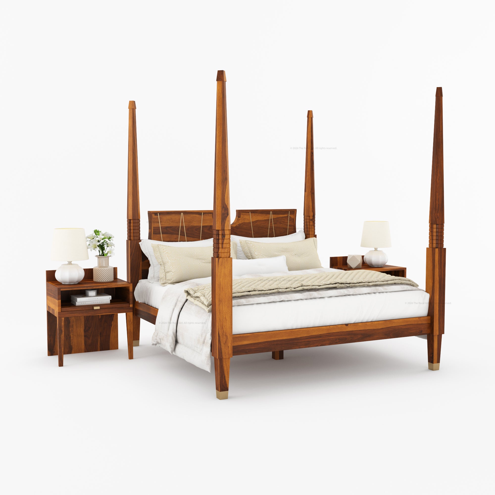 Troy Solid Wood Four Poster Bed with Brass Detailing