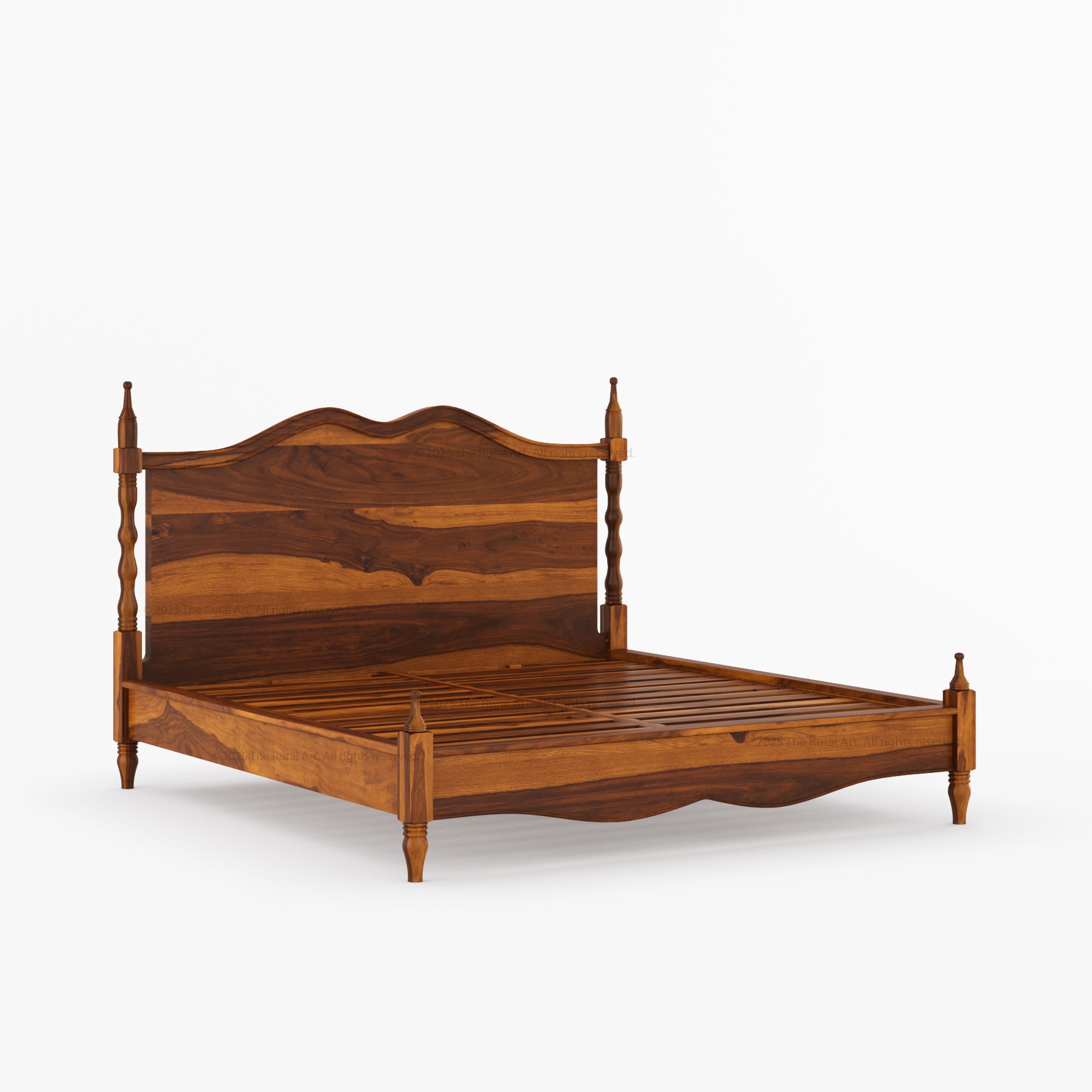 Jasper Solid Wood Bed with Sculpted Headboard & Turned Posts