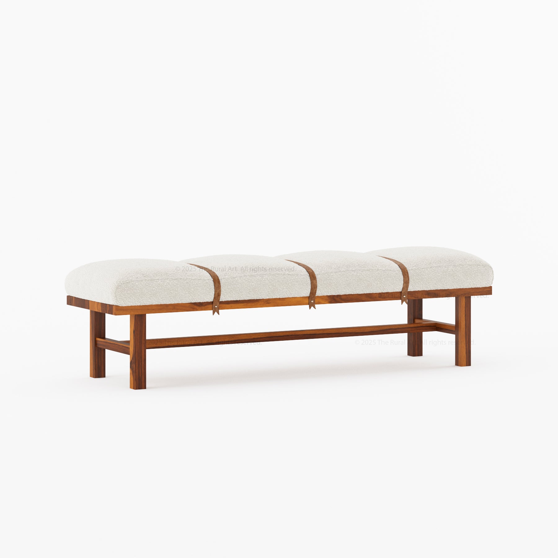 Princeton Solid Wood Bench with Boucle Upholstery & Leather Strap Detailing