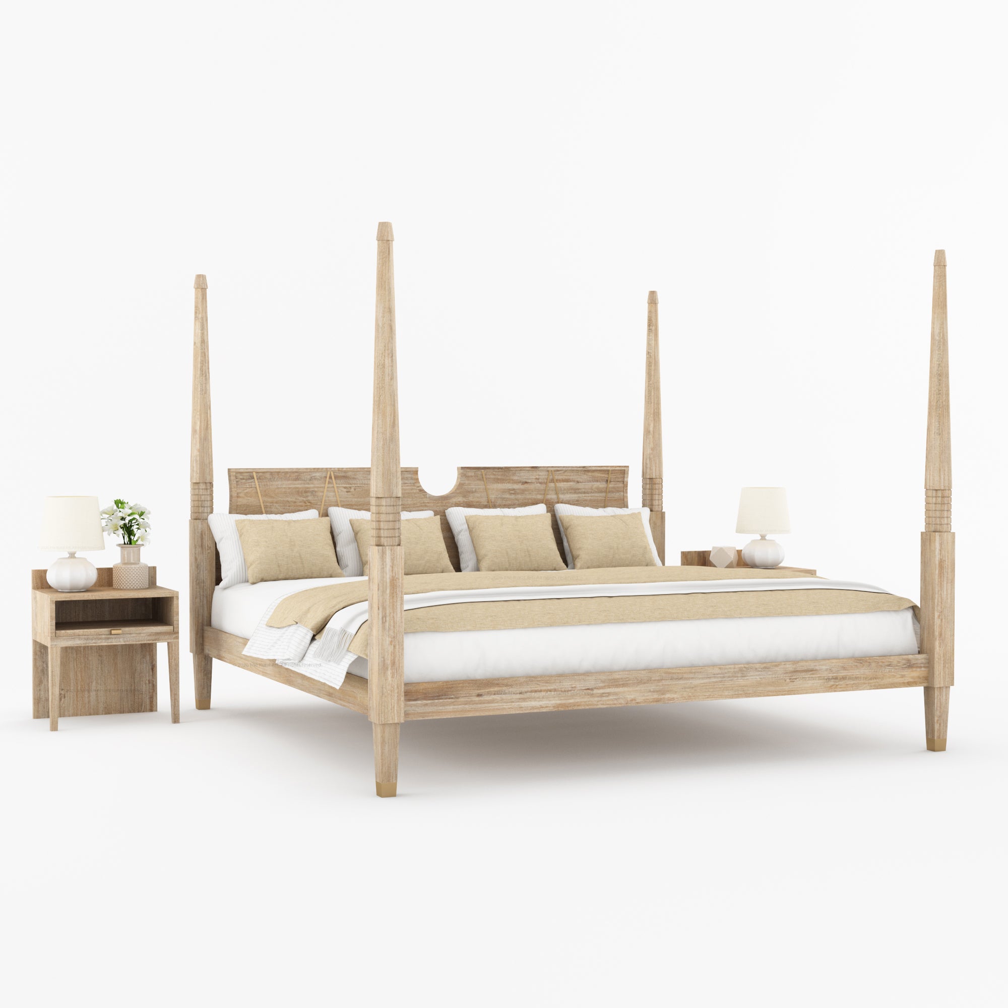 Troy Solid Wood Four Poster Bed with Brass Detailing