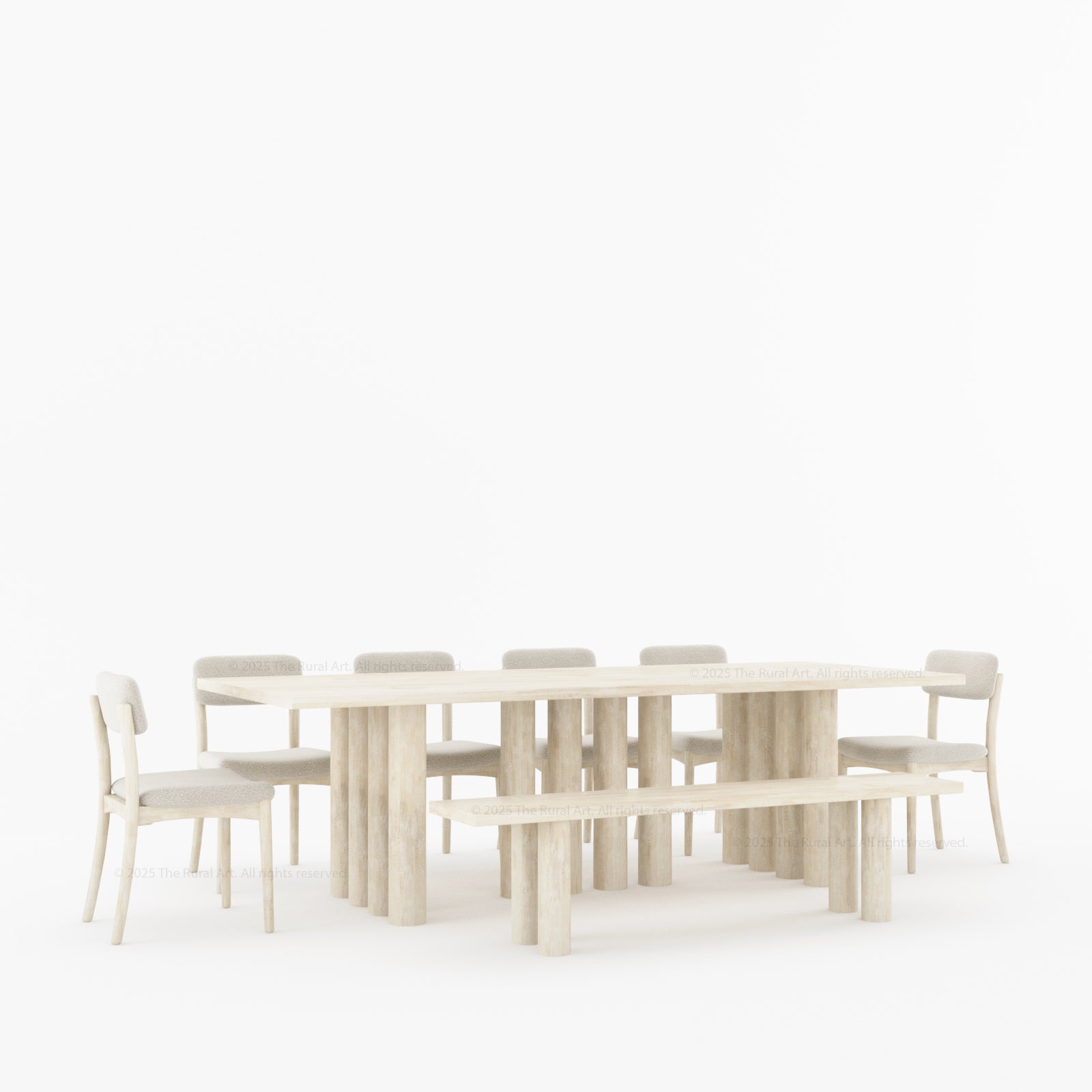 New York Modern Large Dining Table Set Made In Solid Wood Sculptural Round Legs & Inlay Accents