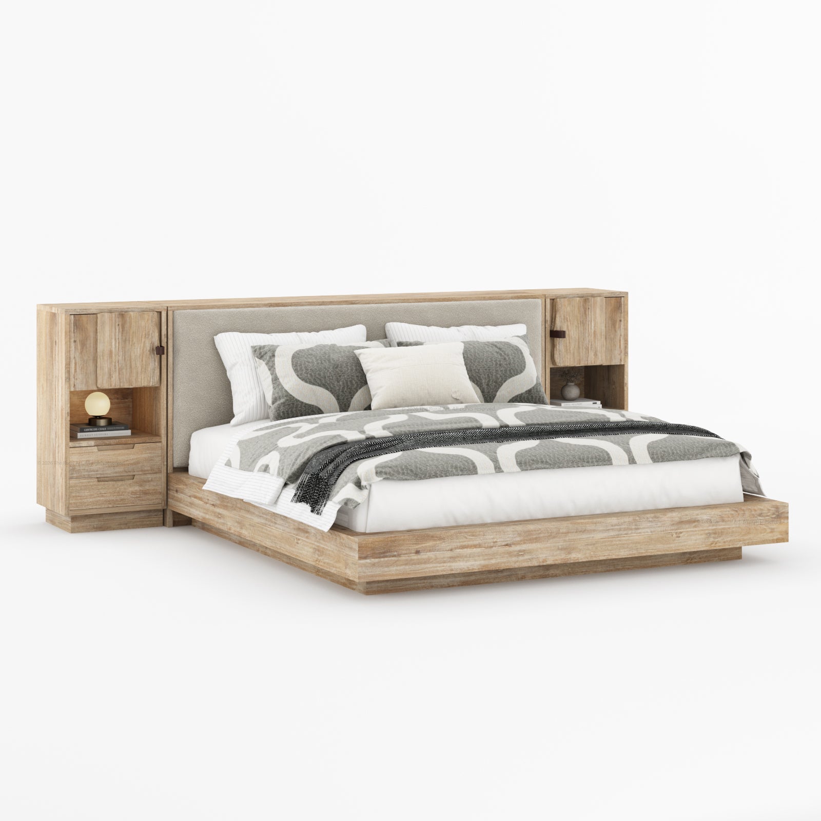 Nome Modern Solid Wood Storage Platform Bed with Upholstered Headboard & Nightstands