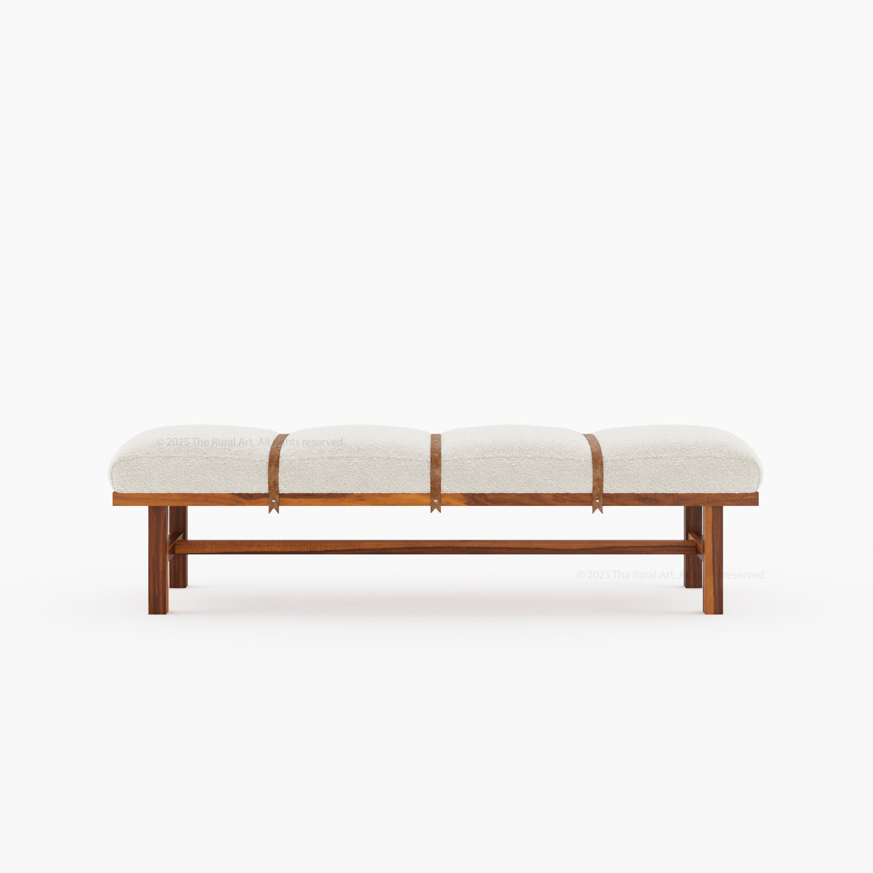 Princeton Solid Wood Bench with Boucle Upholstery & Leather Strap Detailing