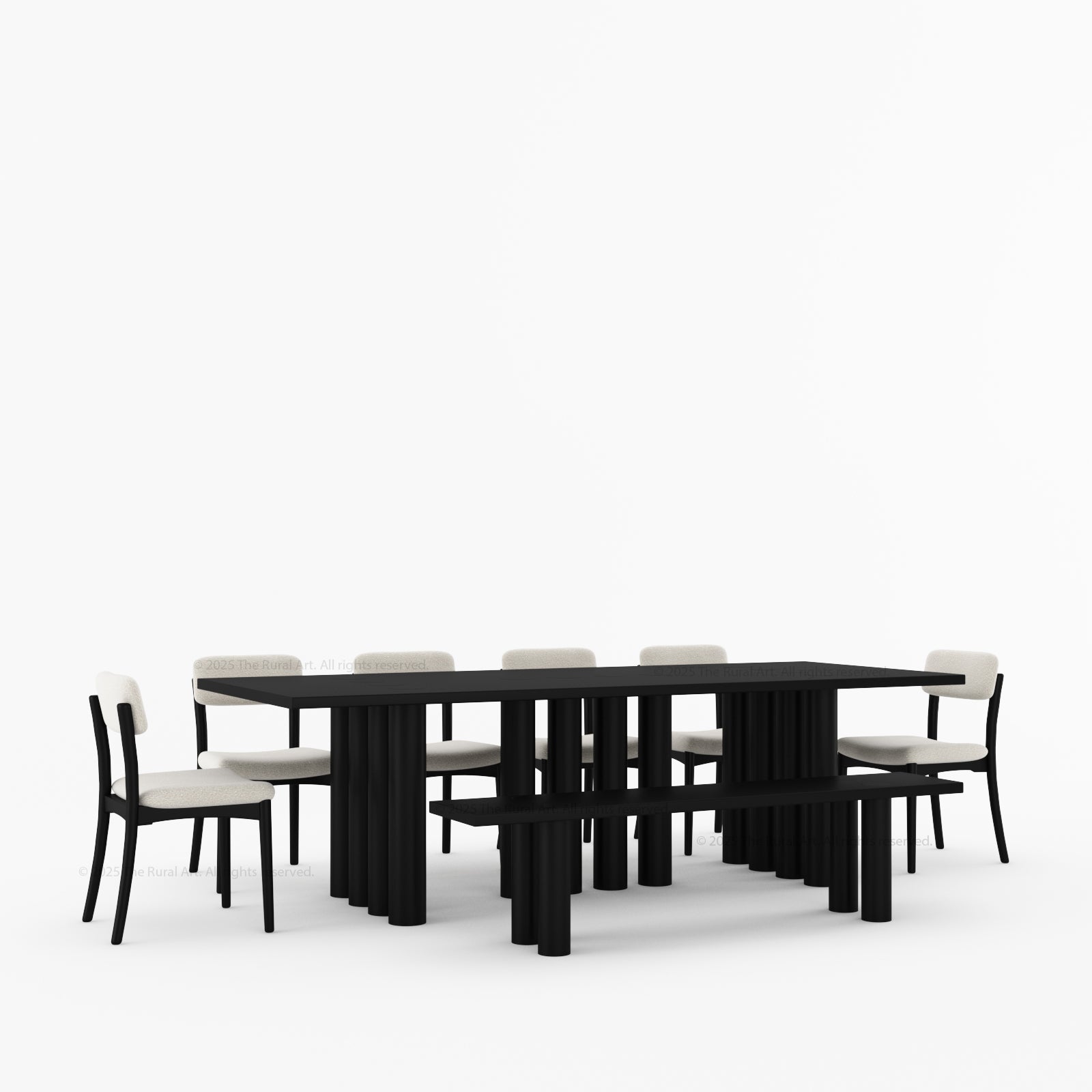 New York Modern Large Dining Table Set Made In Solid Wood Sculptural Round Legs & Inlay Accents