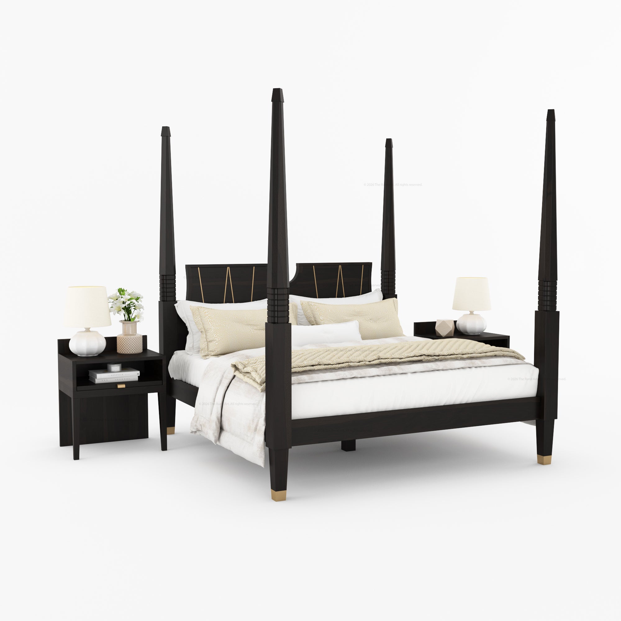 Troy Solid Wood Four Poster Bed with Brass Detailing