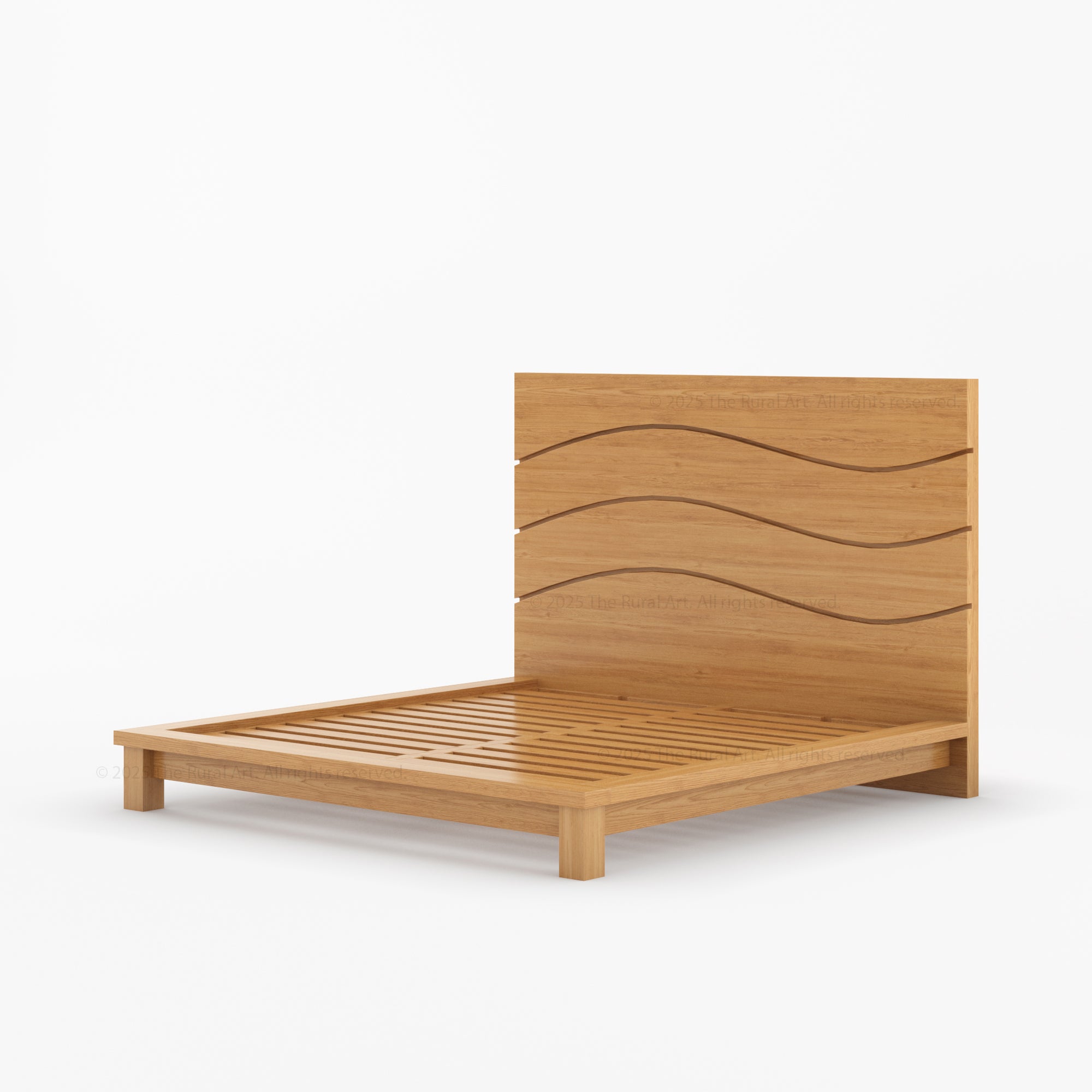 Wooden platform bed frame with wavy design