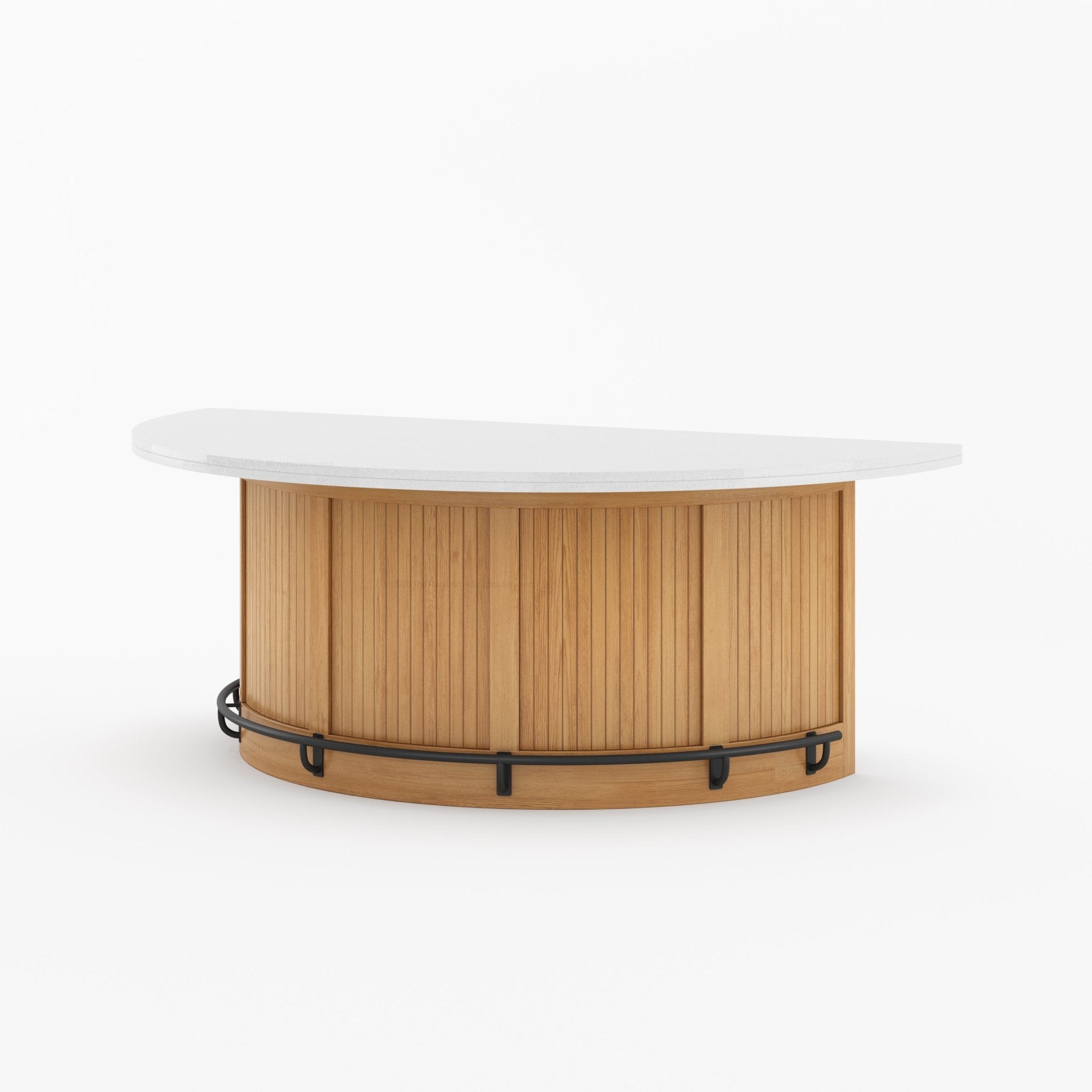 Midland Curved Solid Wood Half Round Kitchen Island with Upholstered Stools & Quartz Top