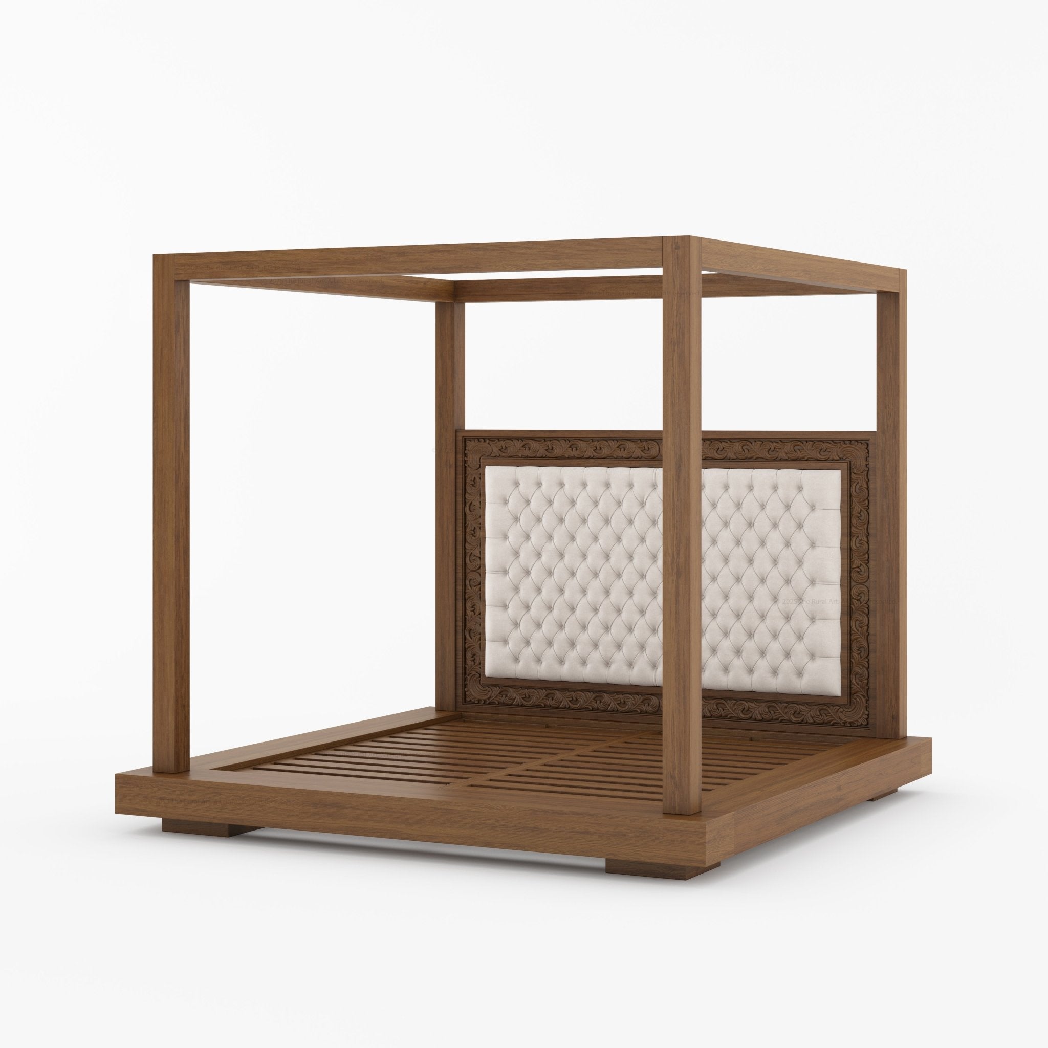 Sheffield Solid Wood Canopy Bed with Upholstered Tufted Headboard & Hand-Carved Frame