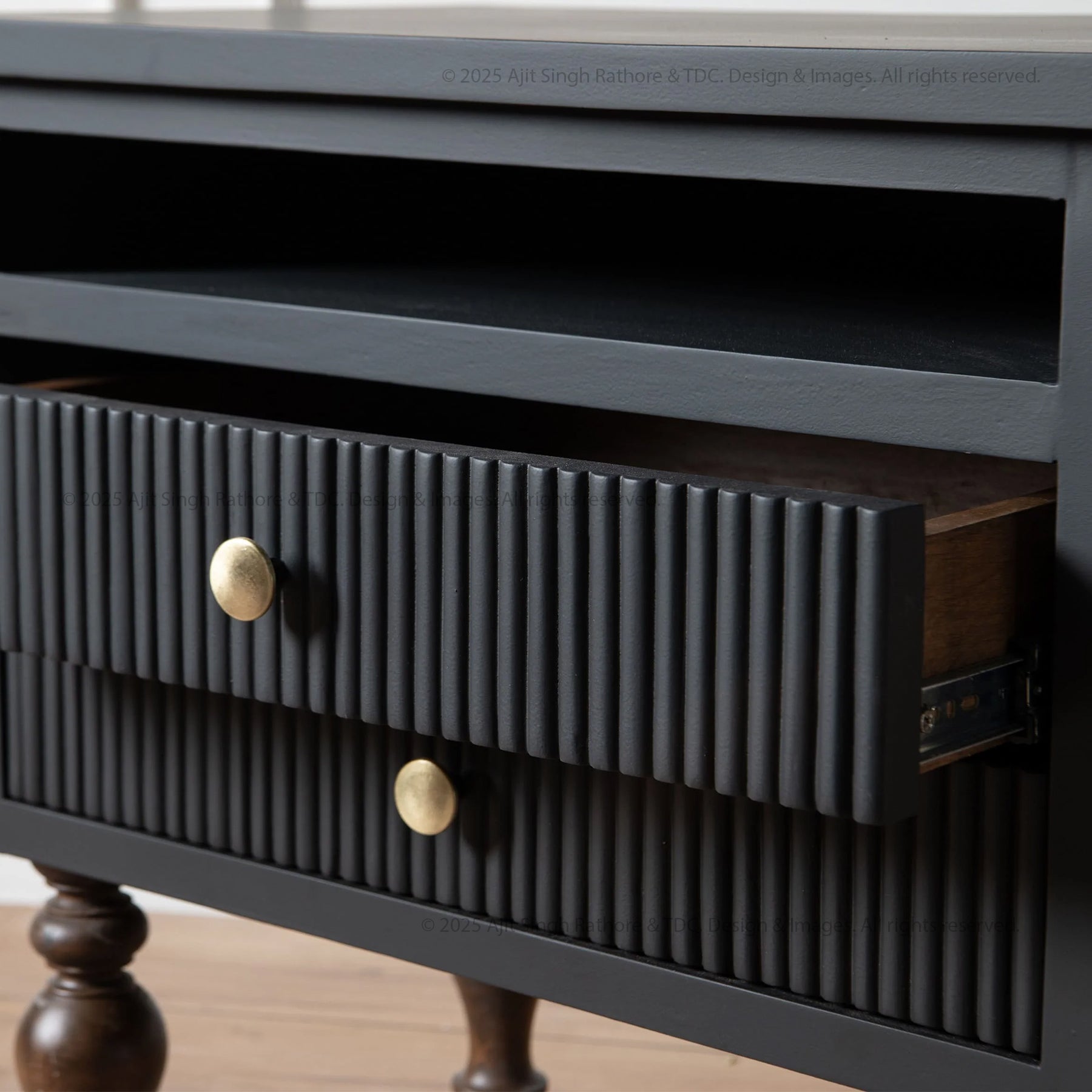 New York Black Nightstand With Ribbed Drawer & Turned Wooden Legs