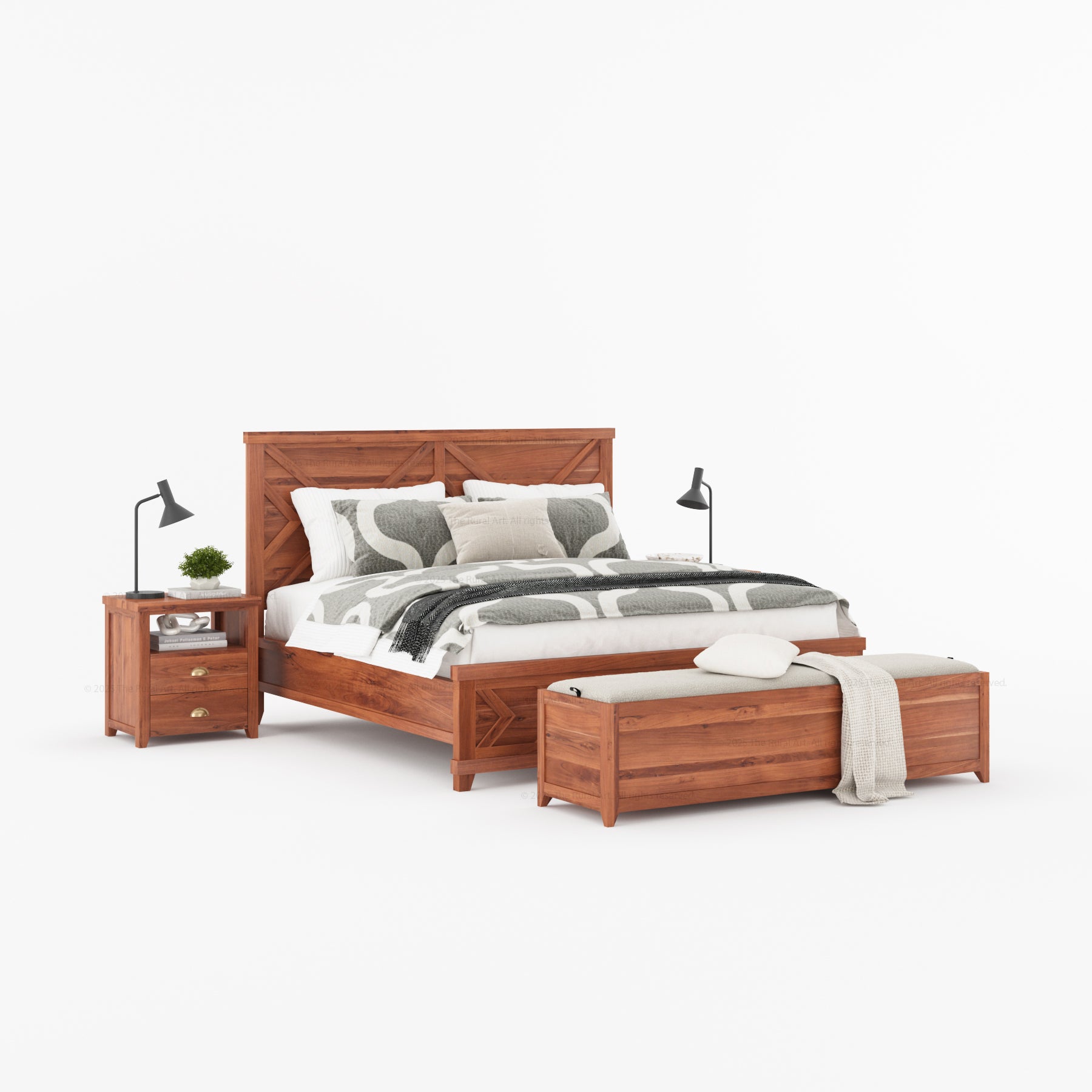 Baytown Rustic Solid Wood Bed with Geometric Carvings