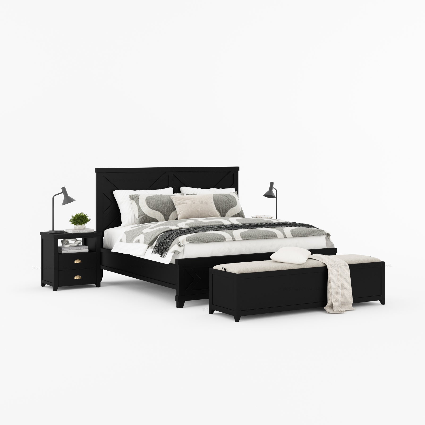 Baytown Rustic Solid Wood Bed with Geometric Carvings