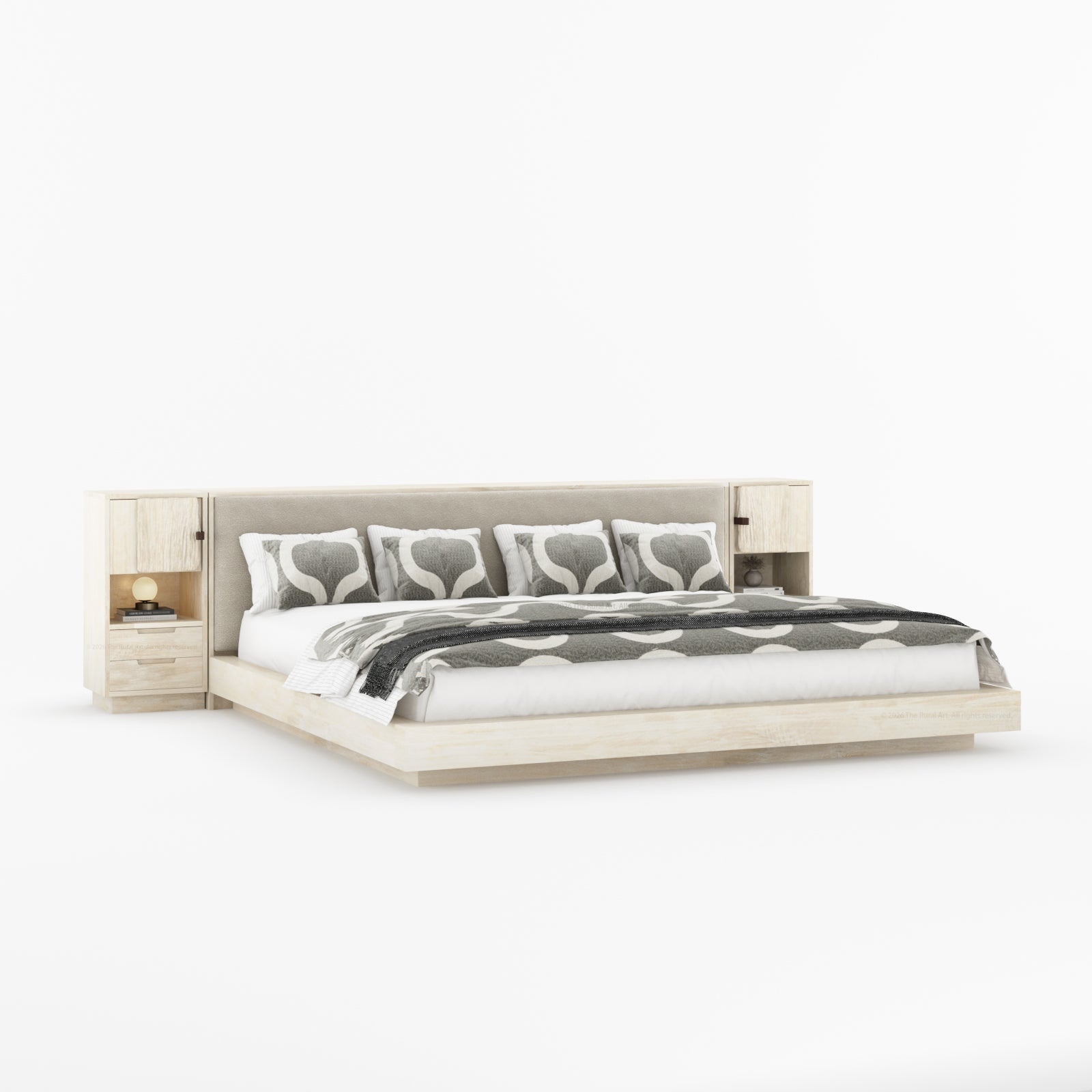 Nome Modern Solid Wood Storage Platform Bed with Upholstered Headboard & Nightstands