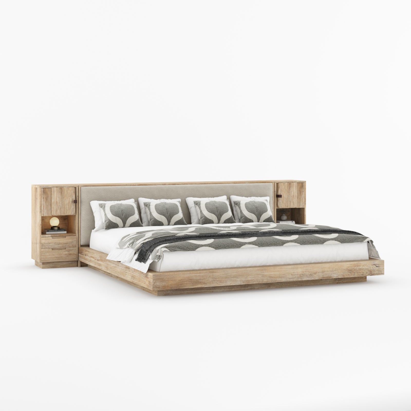 Nome Modern Solid Wood Storage Platform Bed with Upholstered Headboard & Nightstands