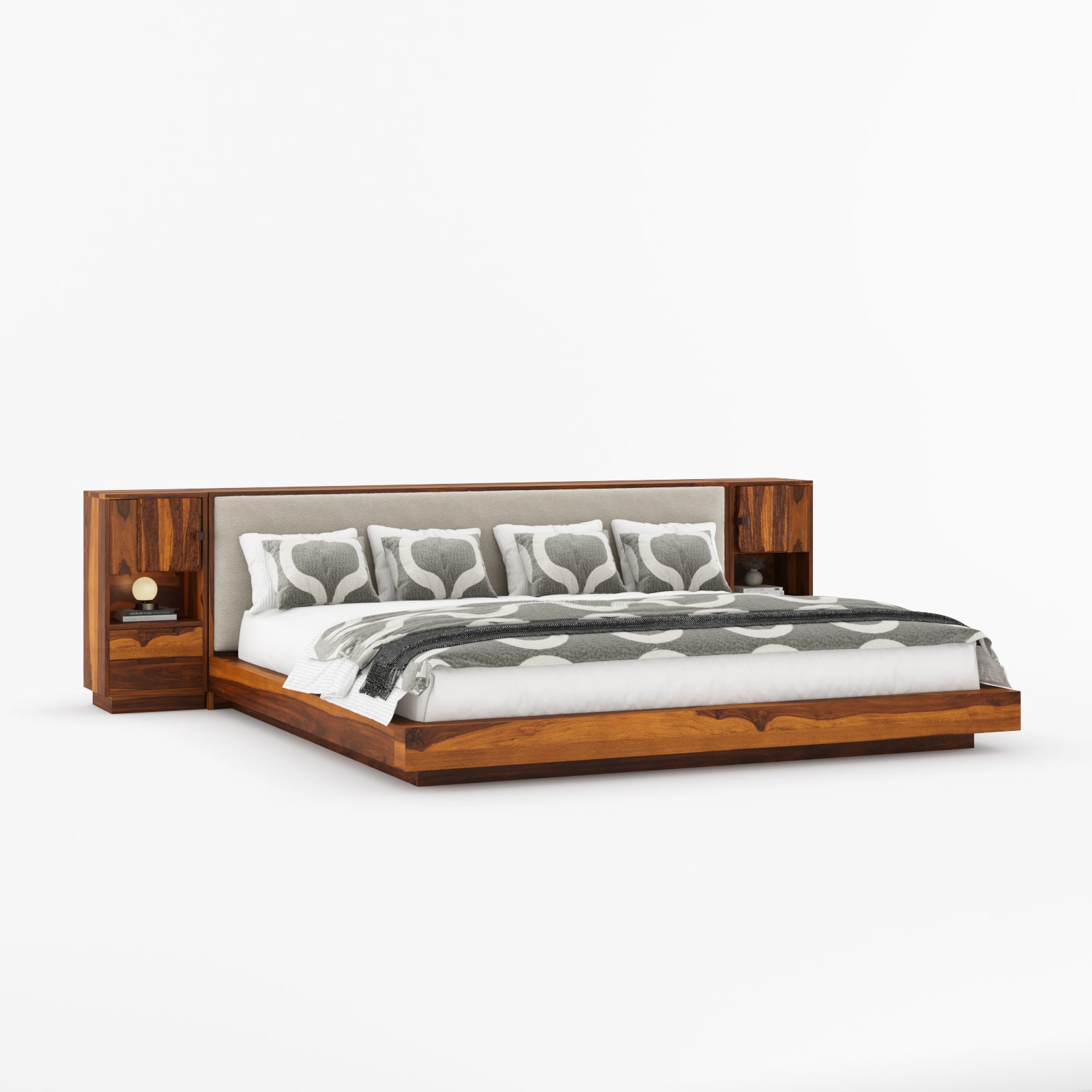Nome Modern Solid Wood Storage Platform Bed with Upholstered Headboard & Nightstands