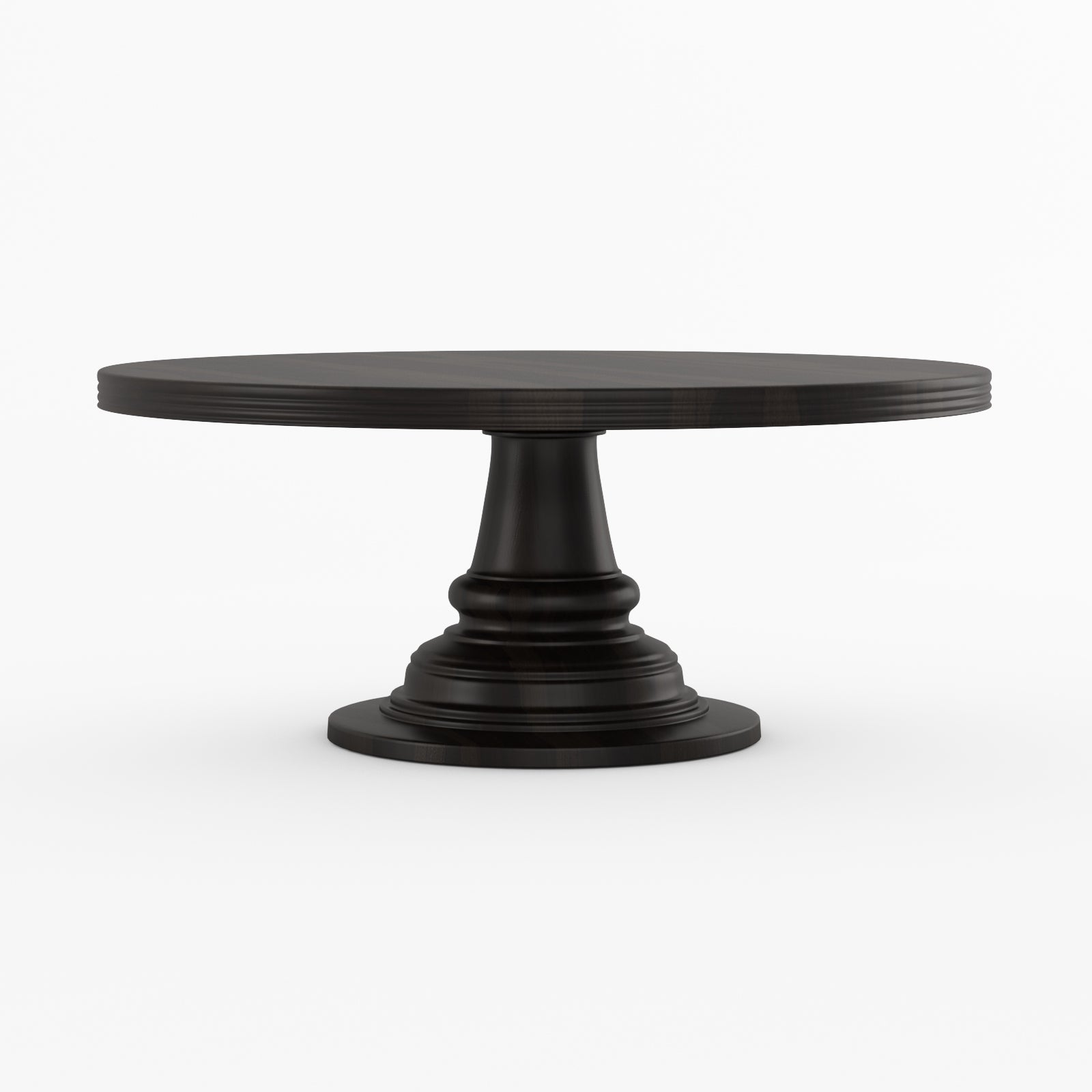 A round black pedestal dining table with a fluted top and a tiered turned base.