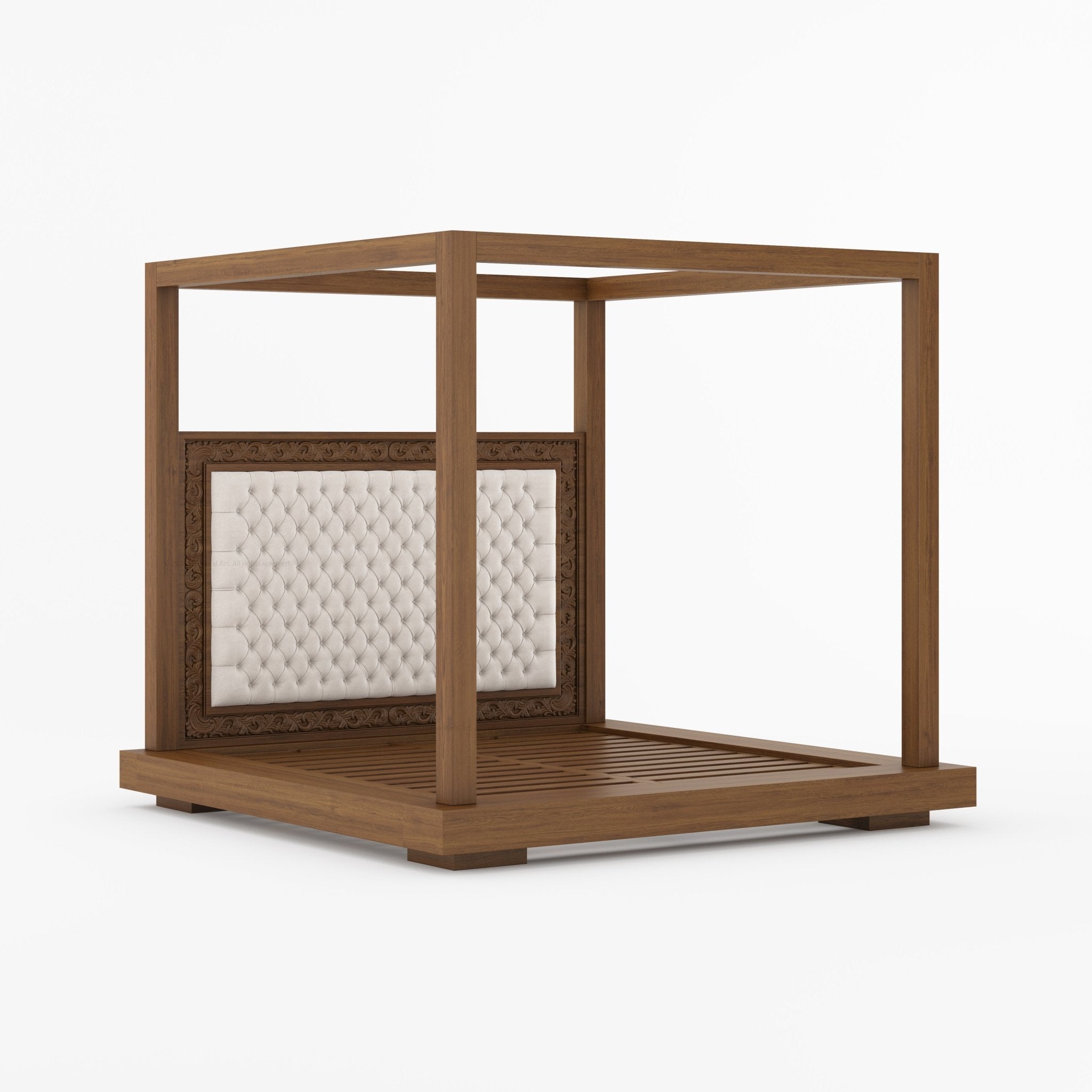 Sheffield Solid Wood Canopy Bed with Upholstered Tufted Headboard & Hand-Carved Frame