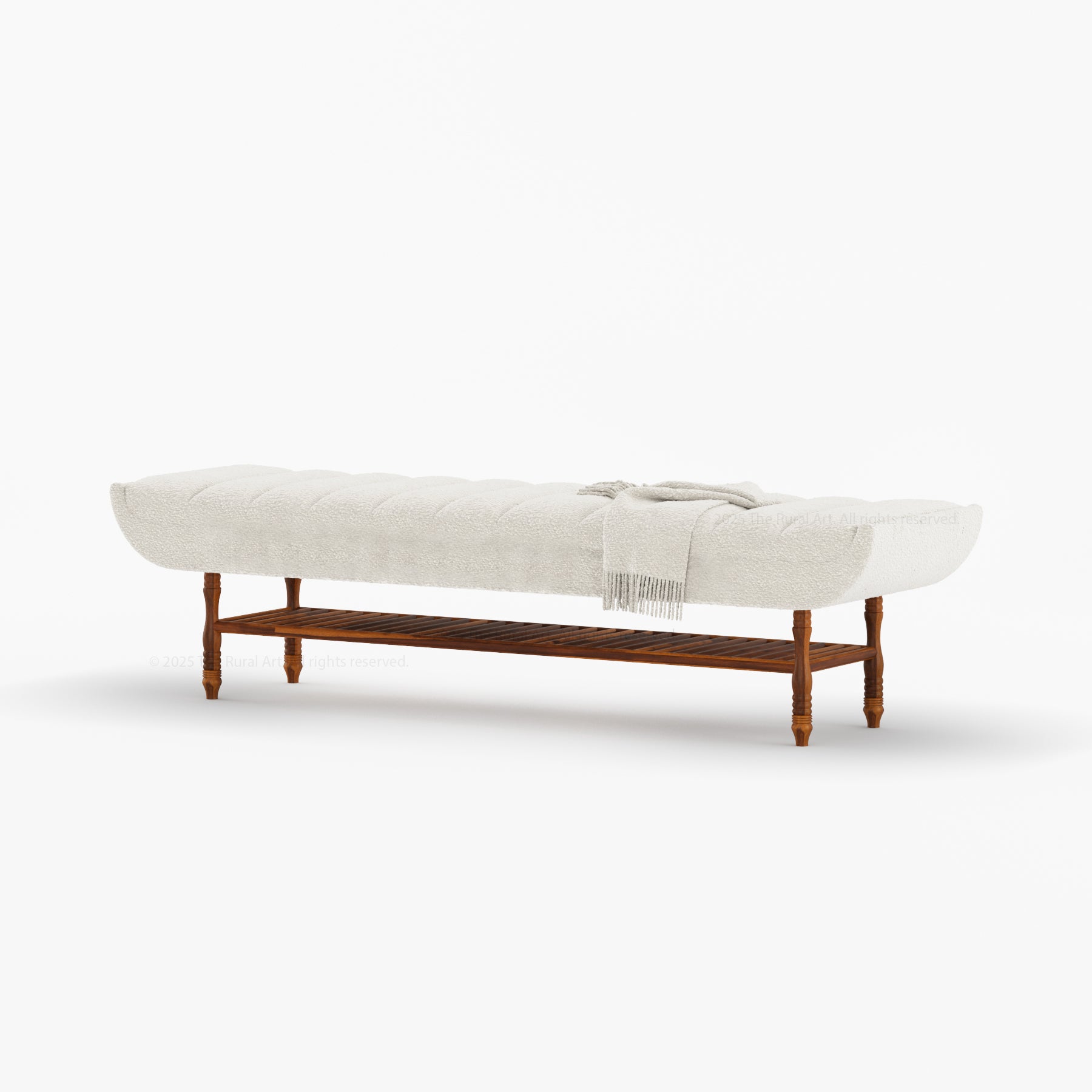 Jasper Boucle Upholstered Bedroom Bench with Turned Wood Legs & Slatted Shelf