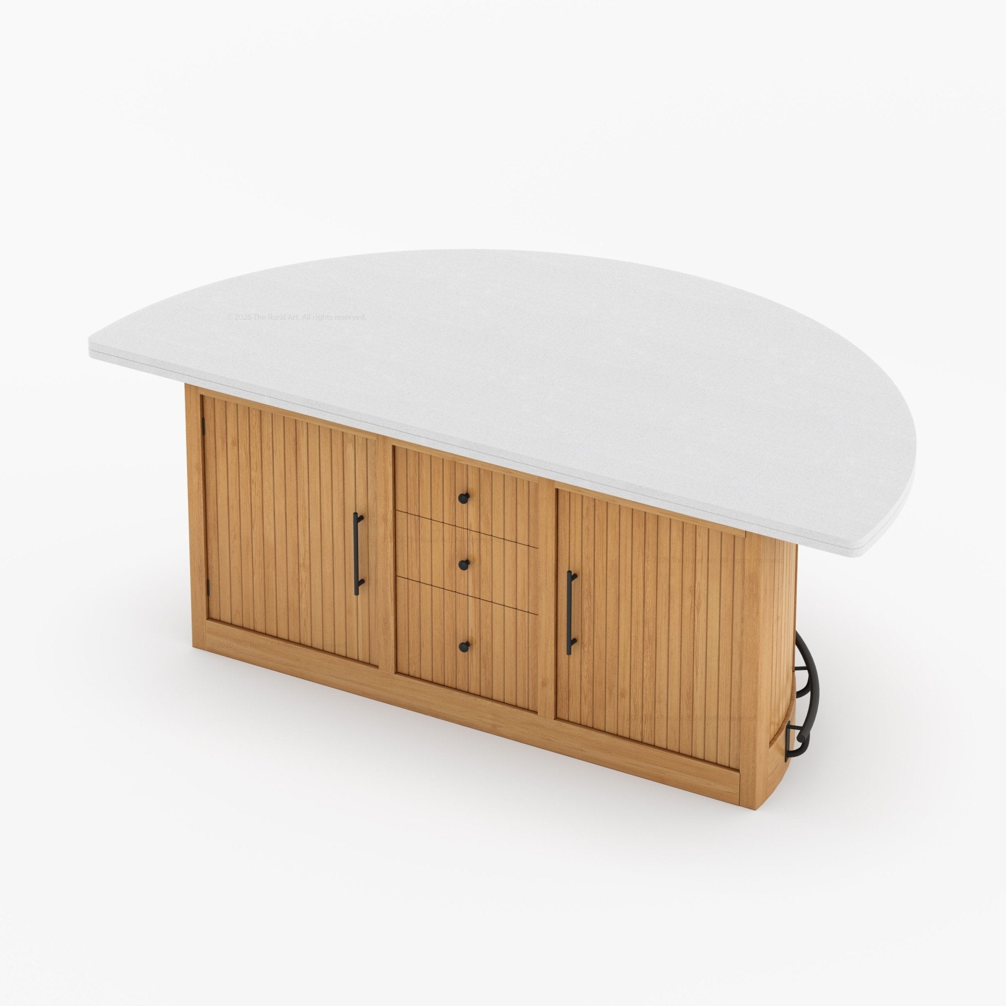 Midland Curved Solid Wood Half Round Kitchen Island with Upholstered Stools & Quartz Top