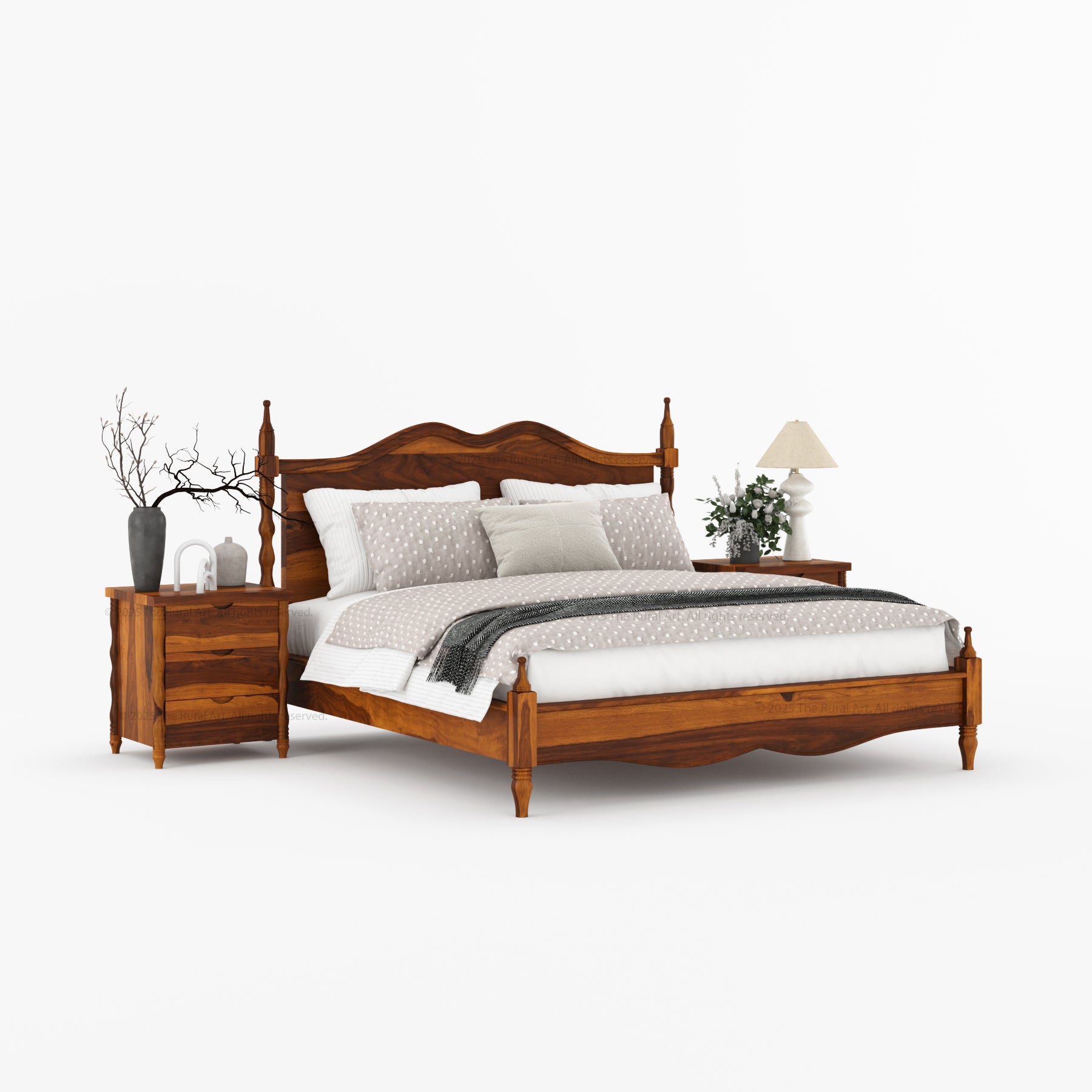 Jasper Solid Wood Bed with Sculpted Headboard & Turned Posts