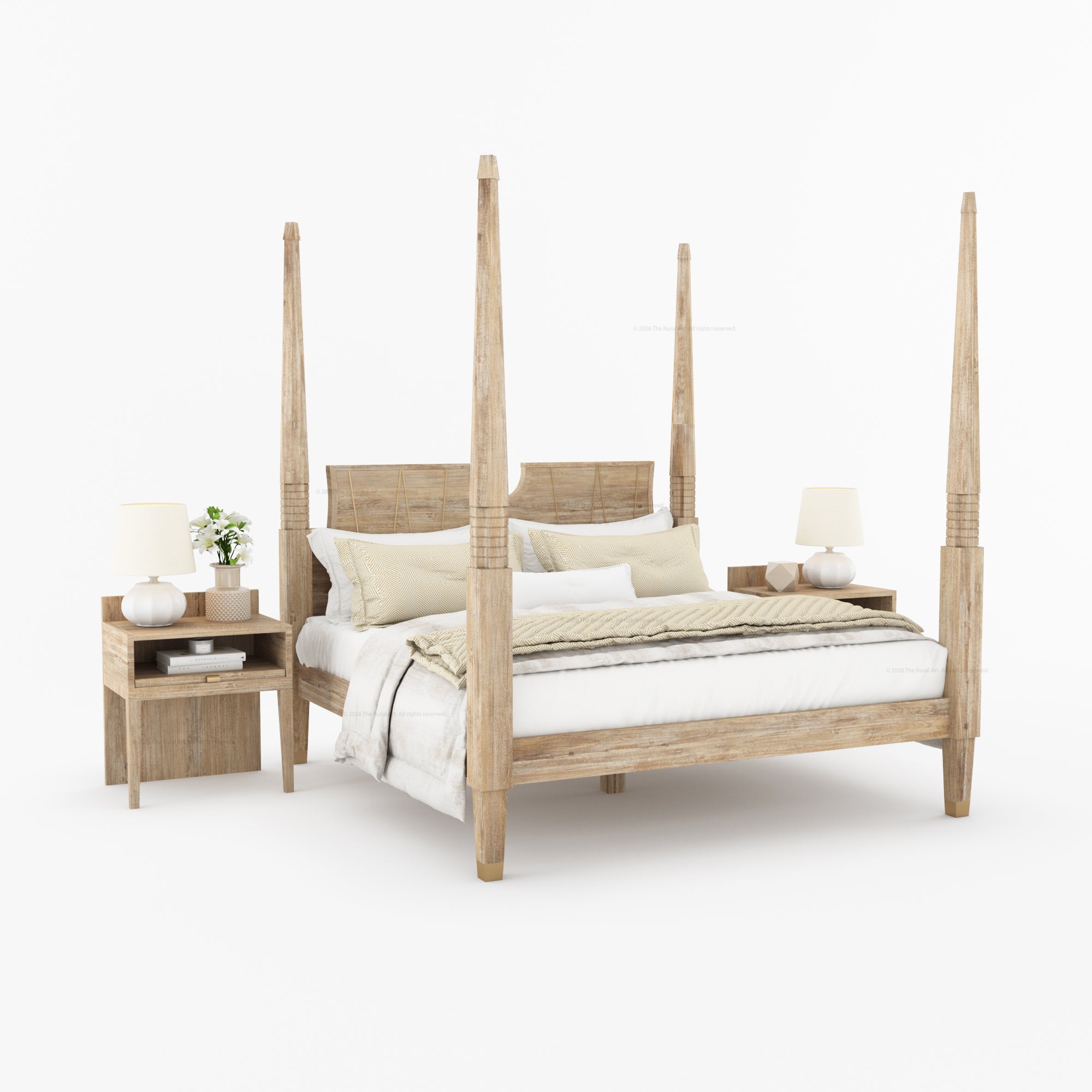 Troy Solid Wood Four Poster Bed with Brass Detailing
