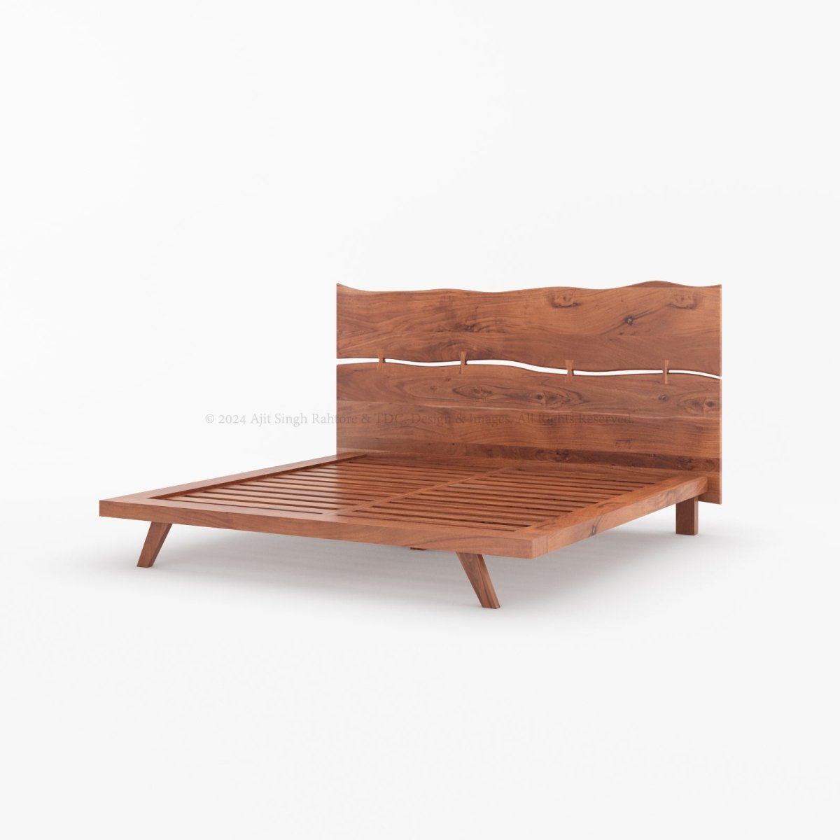 Live Edge Acacia Wood Platform Bed with Headboard & Slats