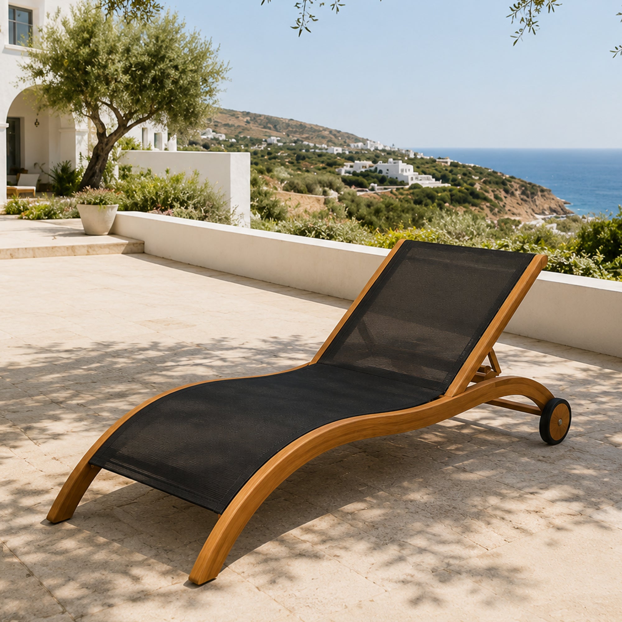 Modesto Solid Teak Wood and Sling Mesh Outdoor Sun Lounger