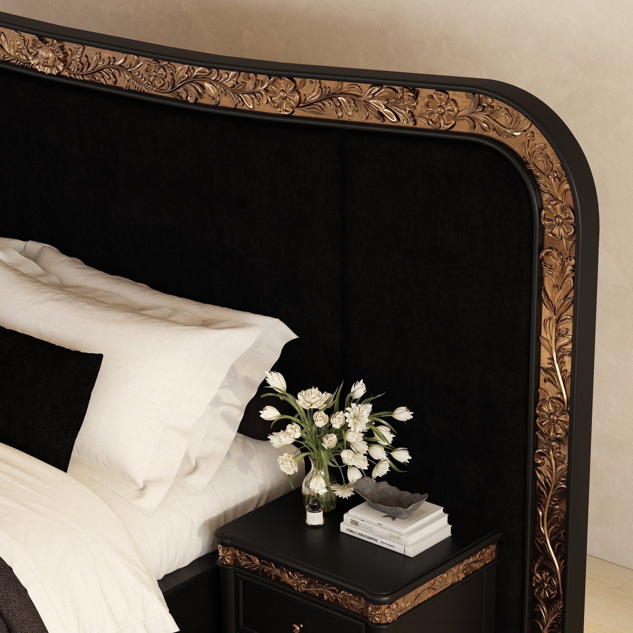 Versailles Grandeur Extra-Wide Velvet Bed with Gold Leaf Carvings