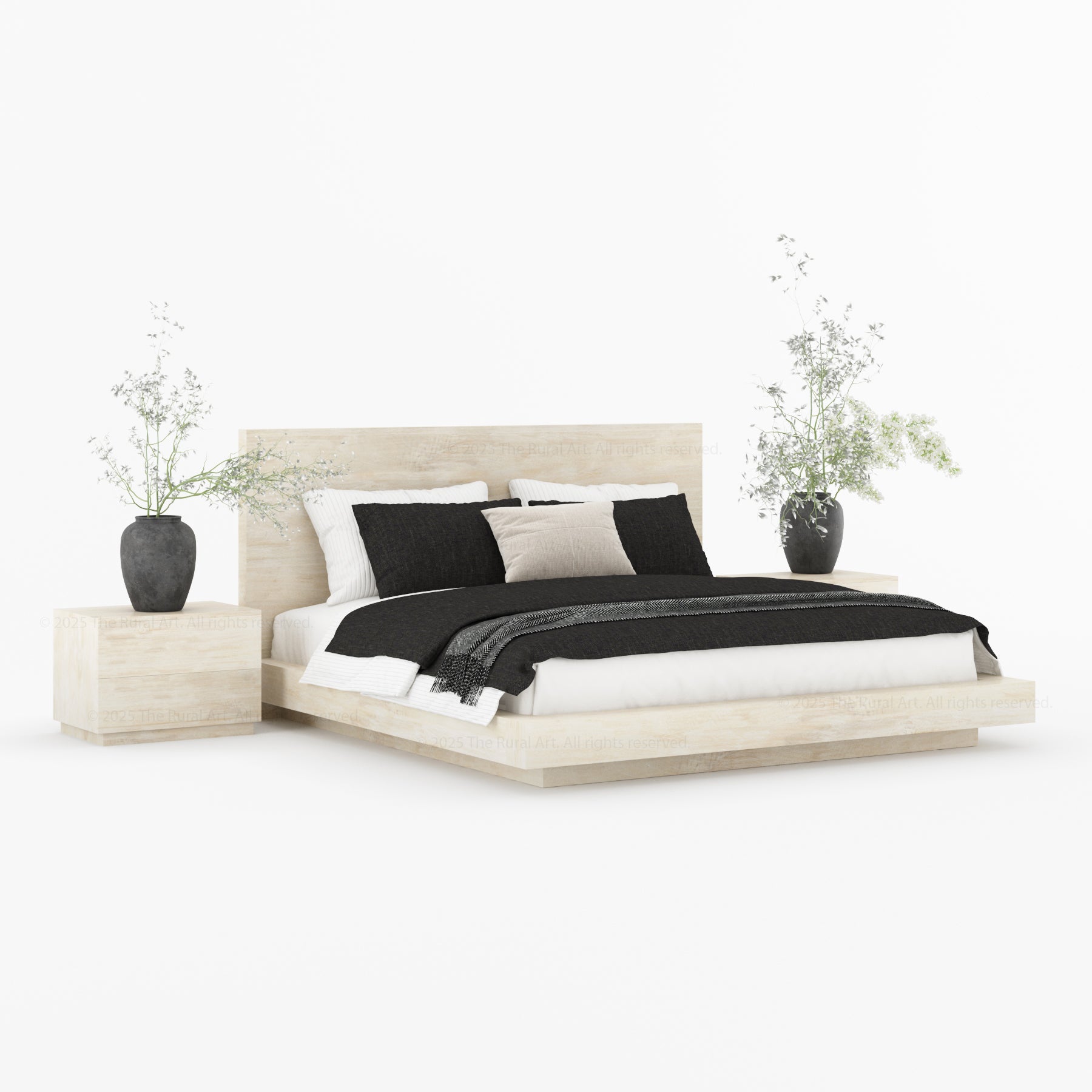 Kingston Modern Solid Wood Platform Bedroom Set with Nightstand, Dresser, Bench and Mirror