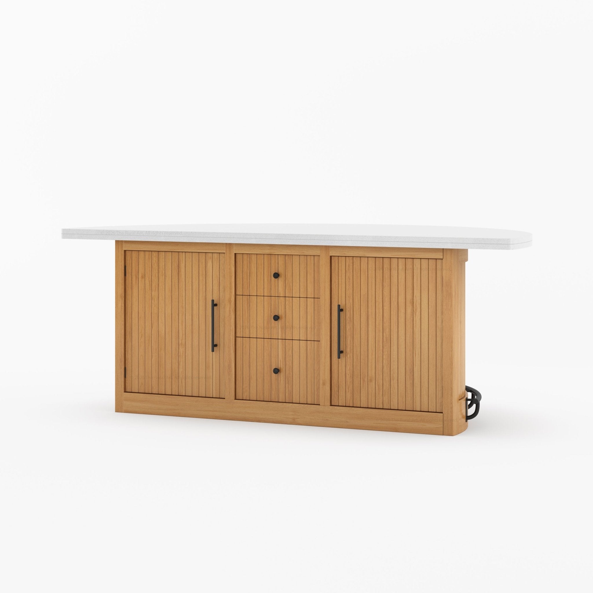 Midland Curved Solid Wood Half Round Kitchen Island with Upholstered Stools & Quartz Top