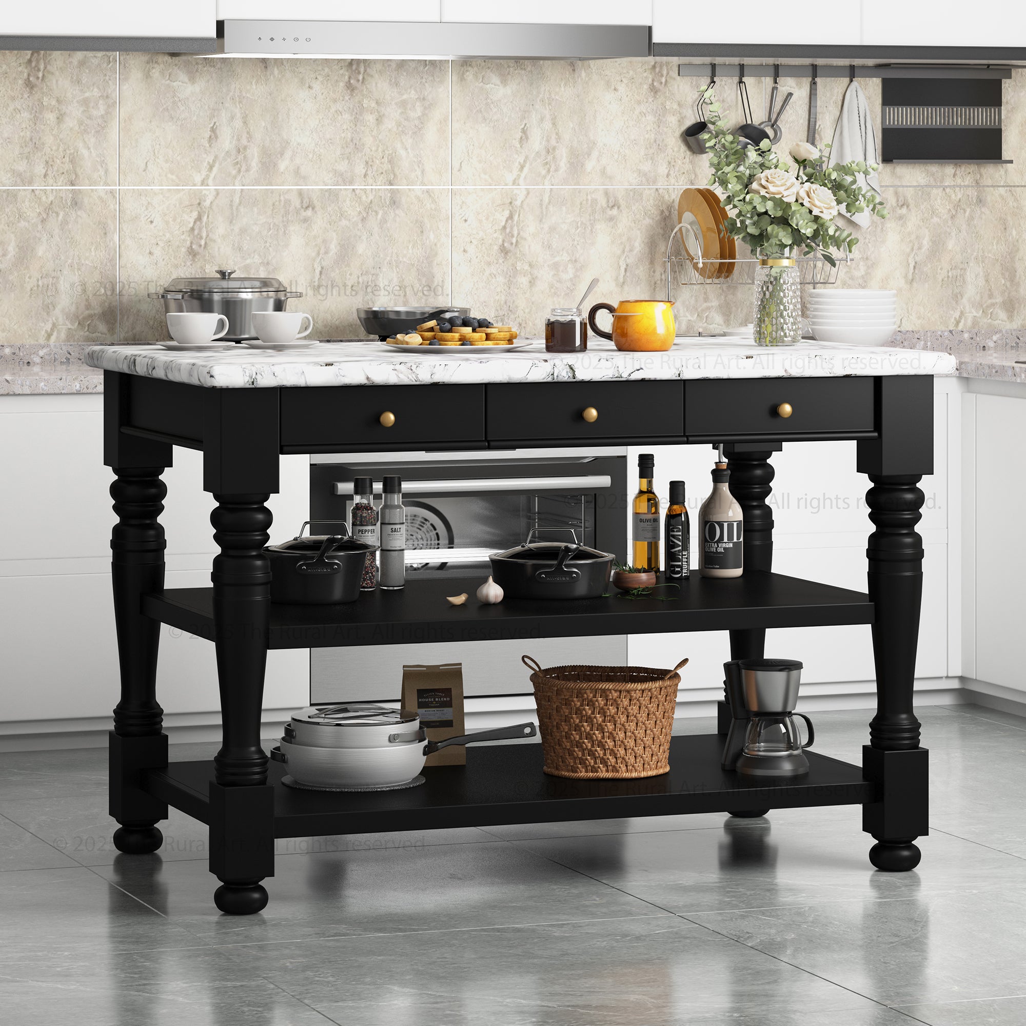 Black kitchen island with marble countertop in a modern kitchen setting