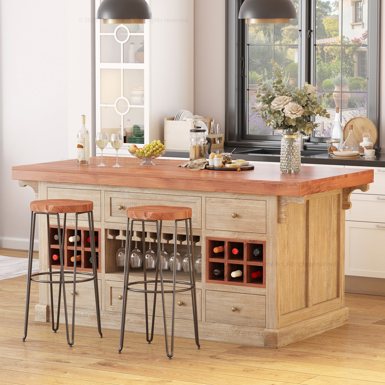 Sunbury Solid Wood Kitchen Island with Wine Rack & Dual-Sided Storage